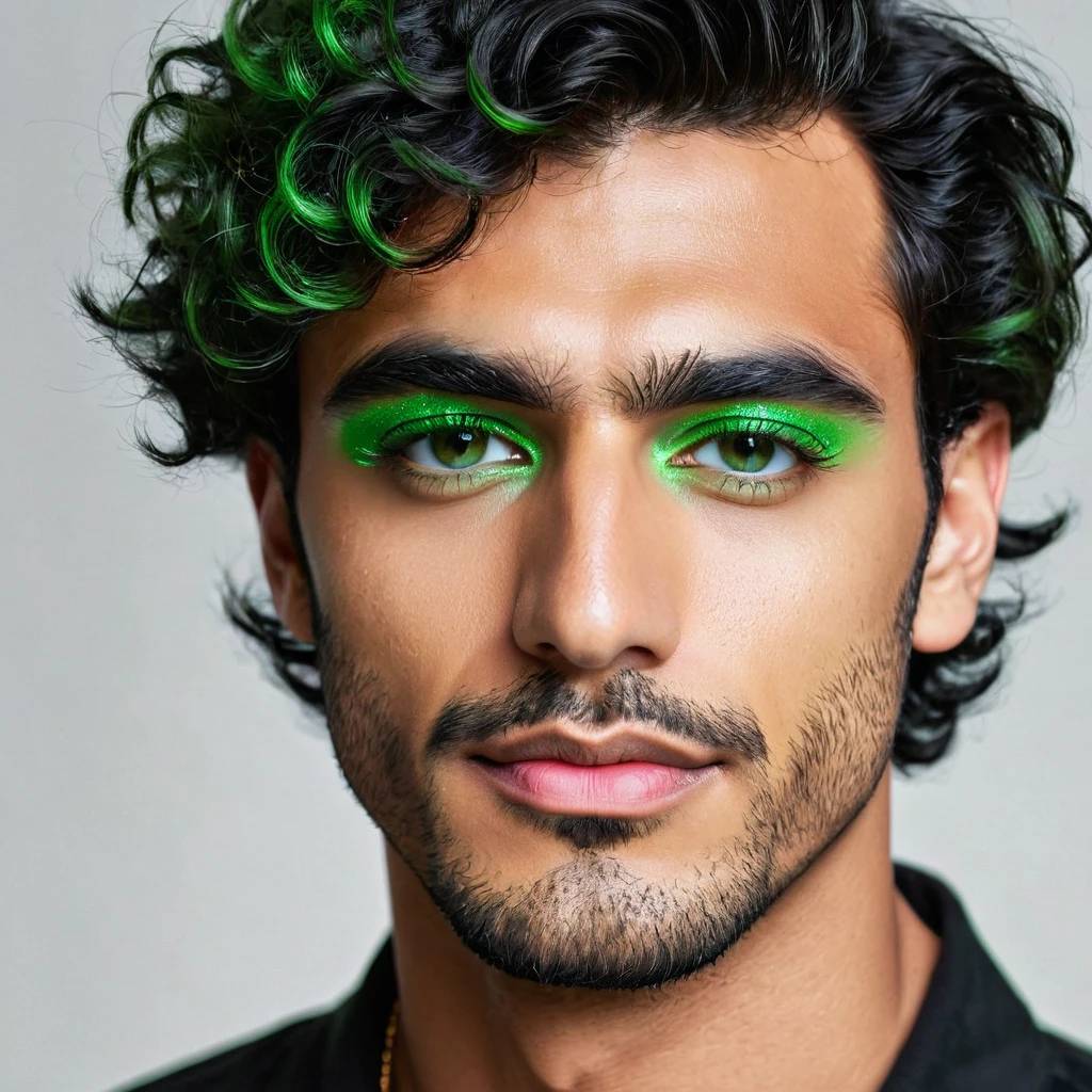 arafed man, (hispanic:arabic 0.70), 20s, light stubble, slim face, short wavy hair,((green eyeshadow)), subtle makeup, glitter, male, editorial, kind, photoshoot, realistic, ultrahd