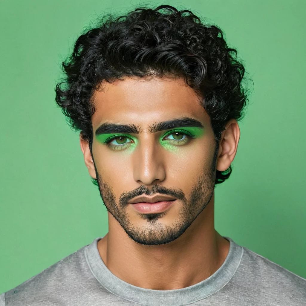 arafed man, (hispanic:arabic 0.70), 20s, light stubble, slim face, short wavy hair,((green eyeshadow)), subtle makeup, glitter, male, editorial, kind, photoshoot, realistic, ultrahd