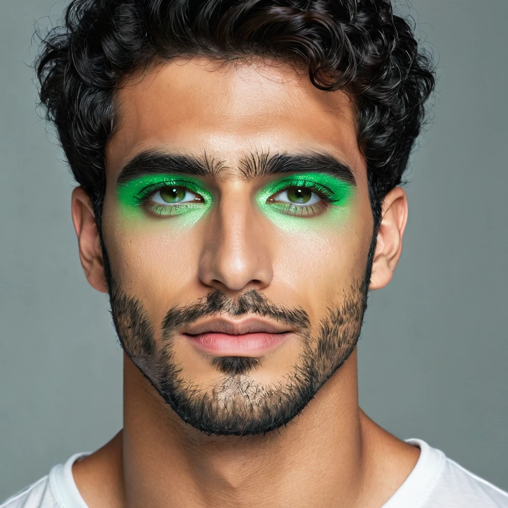 arafed man, (hispanic:arabic 0.70), 20s, light stubble, slim face, short wavy hair,((green eyeshadow)), subtle makeup, glitter, male, editorial, kind, photoshoot, realistic, ultrahd