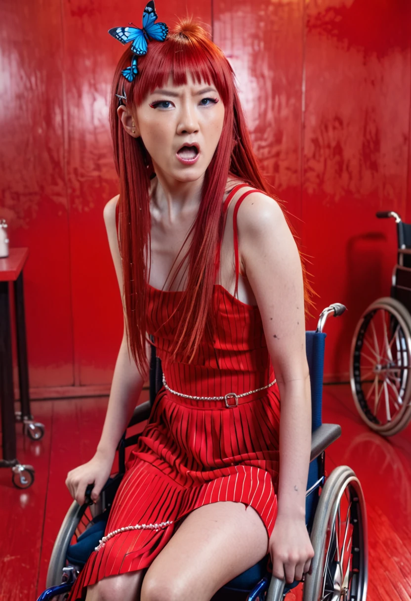 Uhd, photo of Cami, subject: Noriko, 1/2 Japanese 1/2 Hainu skinny girl in a 2/0 large wheelchair with long red hair and fringe, blue+++ eyes, oval face, LGBTQIA+, queer, punk style, wearing (long red dress), buttefly hairclip, tattooes.  She has a very angry facial expression and looks towards the camera.. She is screaming and walking. Background: red room.