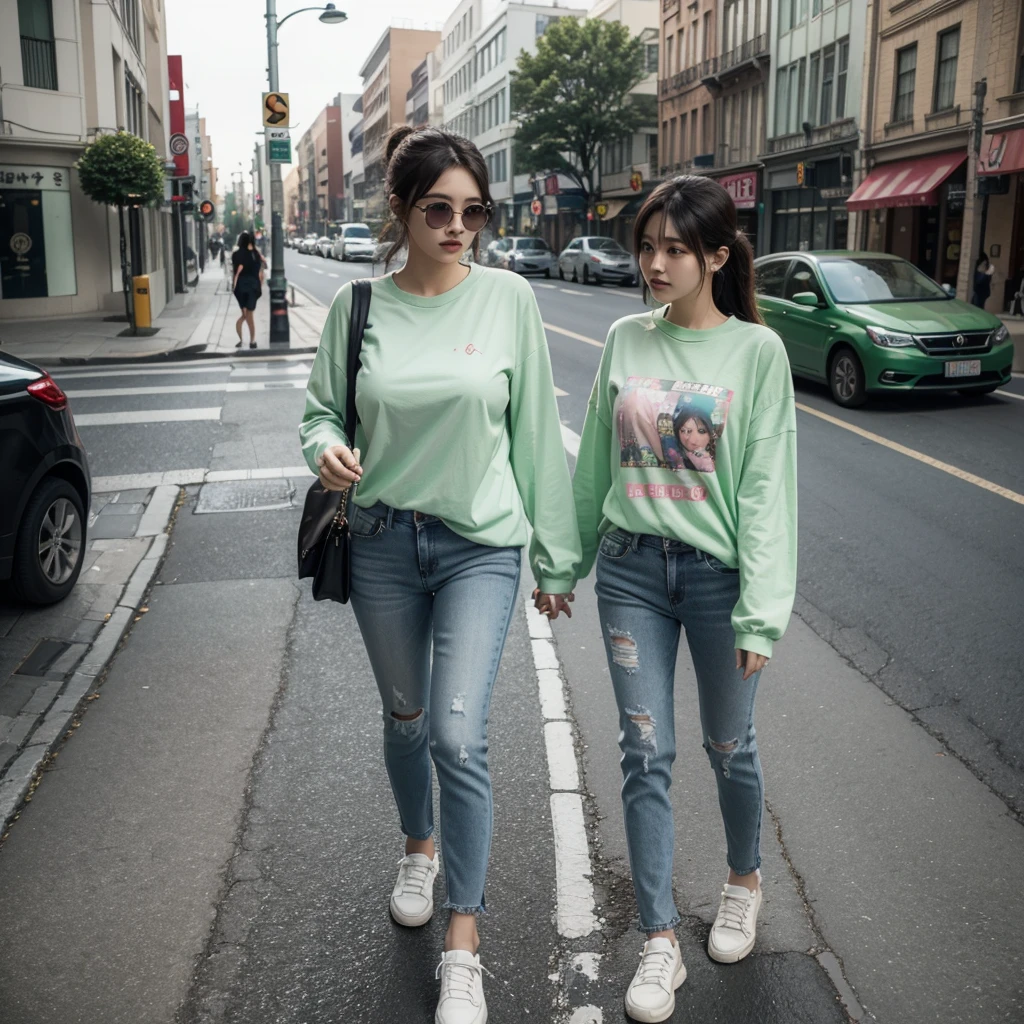 a man and a woman walking down a street, a 3D render, trending on cg society, kawaii shirt and jeans, green shirt, trending on bbwchan, naver fanpop