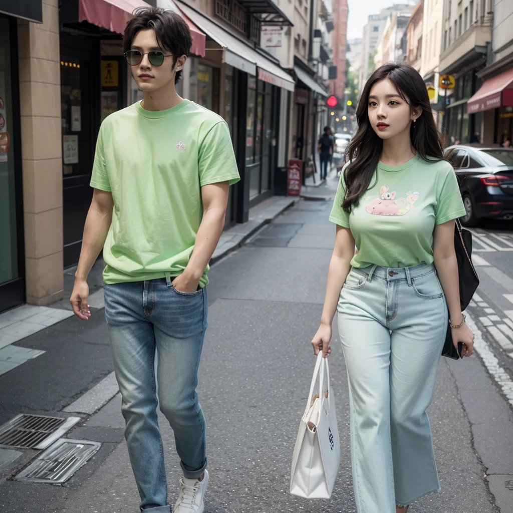 a man and a woman walking down a street, a 3D render, trending on cg society, kawaii shirt and jeans, green shirt, trending on bbwchan, naver fanpop