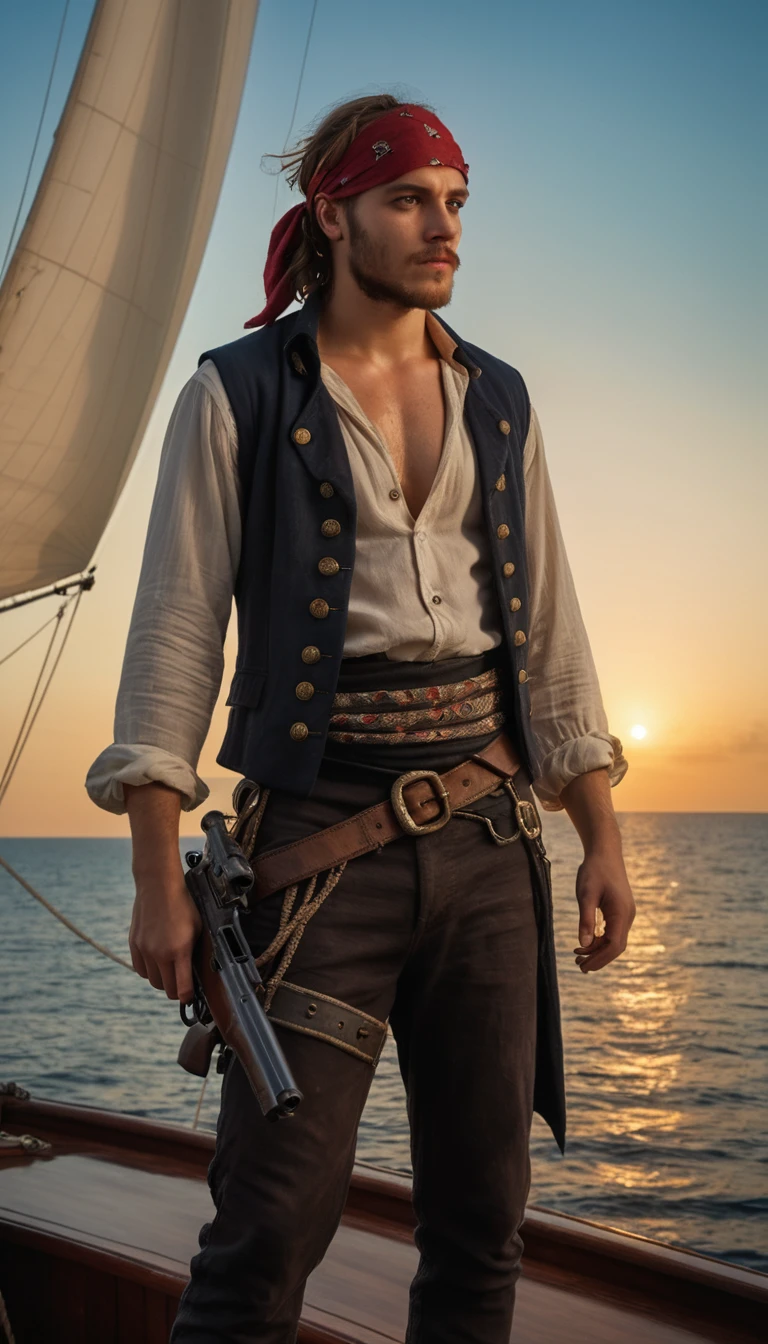 Dark painting, Young pirate standing on a sailboat, (20~Age 25), Beautiful Face, Wearing a bandana on his head, Holding an old gun、Ship in the Background, Cinematic, Movie stills, Detailed dark background, High detail, masterpiece, masterpieceальное качество, A strip of dawn on the horizon