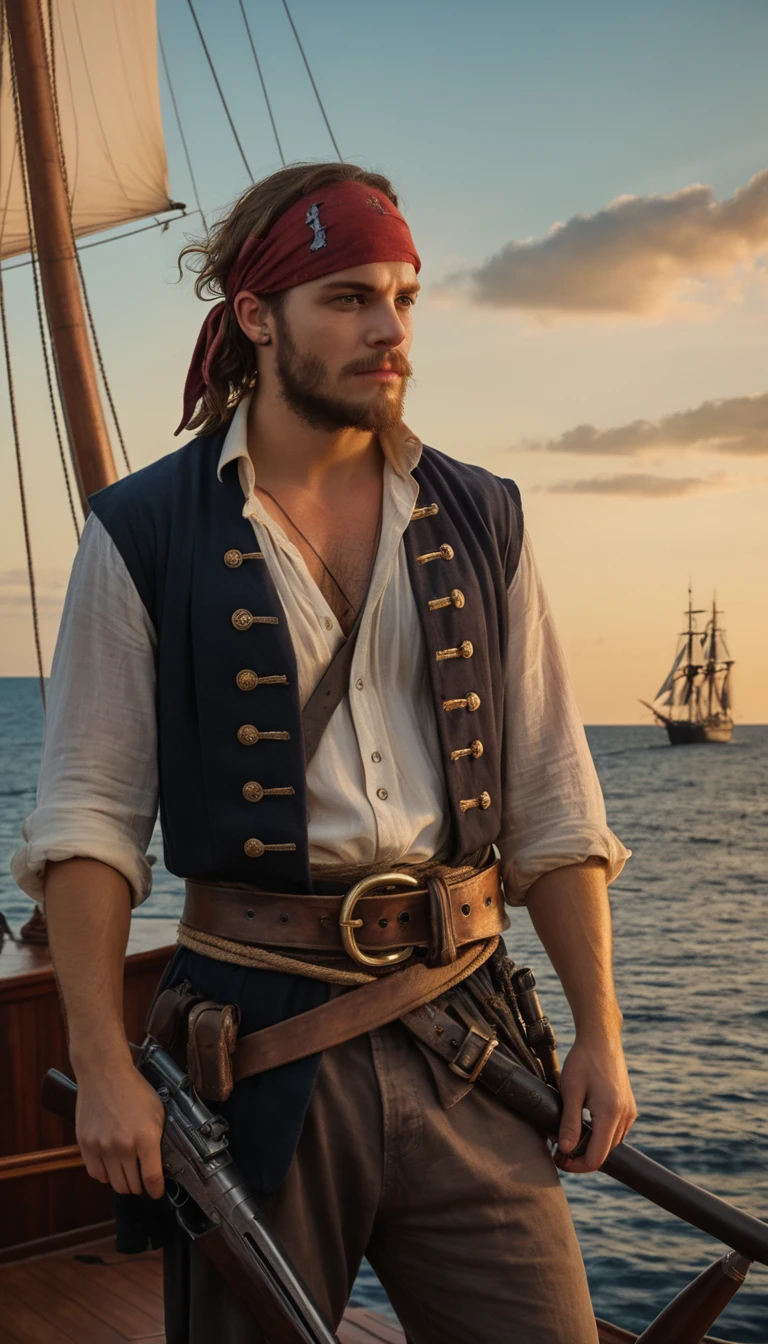 Dark painting, Young pirate standing on a sailboat, (20～Age 25), Beautiful Face, Wearing a bandana on his head, Holding an old gun、Ship in the Background, Cinematic, Movie stills, Detailed dark background, High detail, masterpiece, masterpieceальное качество, A strip of dawn on the horizon