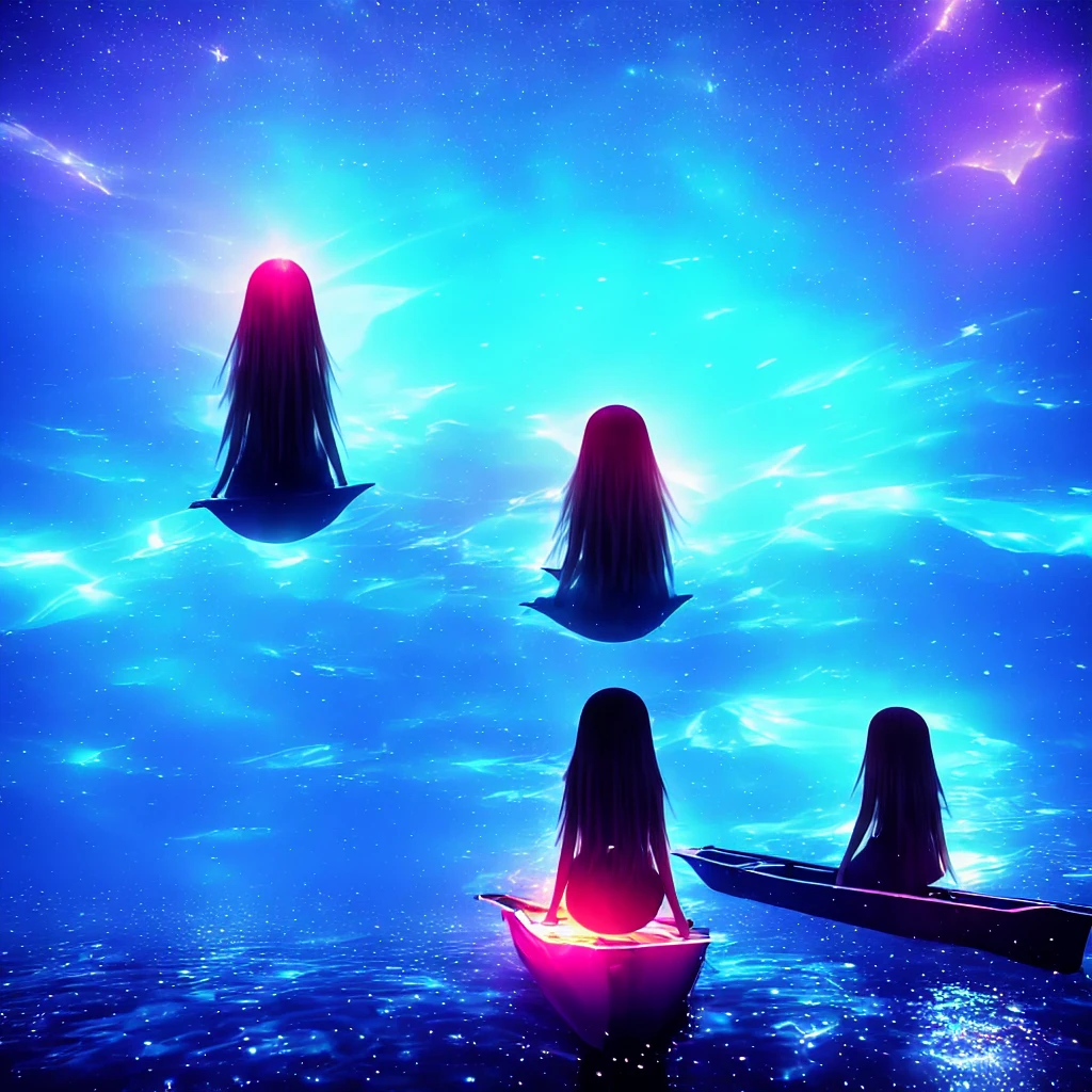 - girl sitting on a boat in the water, water crystal glowing eyes, sea butterflies, night raid, fairy light, very deep sea, glowing long hair, nightcore, very ethereal, stagirl dress, myaru