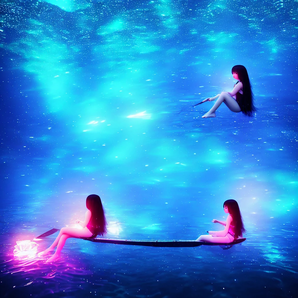 - girl sitting on a boat in the water, water crystal glowing eyes, sea butterflies, night raid, fairy light, very deep sea, glowing long hair, nightcore, very ethereal, stagirl dress, myaru