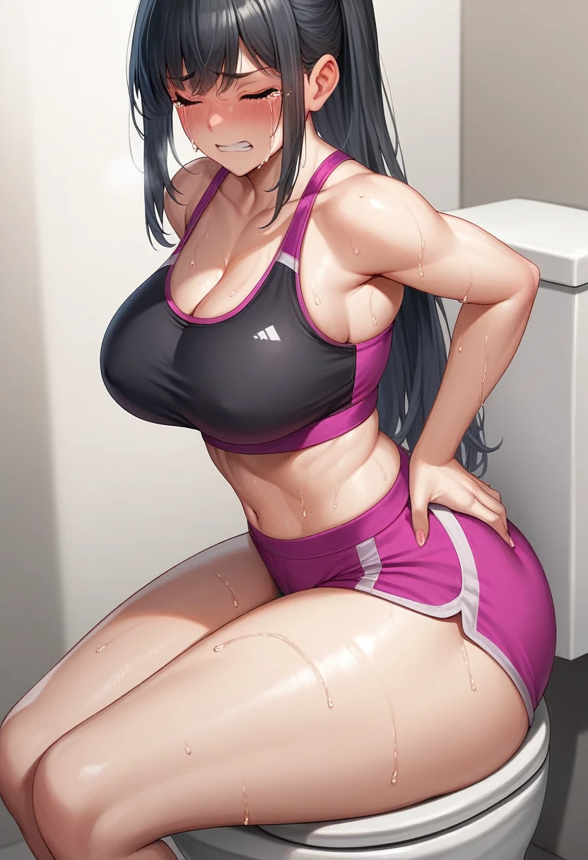 Girl with big breast wearing tight sports bra with angry and shy expression, big thighs, sexy, wearing sports bra, shy, hot, she is pooping on the toilet, she is sitting on the toilet, she is pooping embarrassed, big breast, shy expression, tight sports bra,t, in pain, she is super in pain, dynamic shot, dynamic pose,sweaty, big thighs, horny face, horny, closed eyes, crying, dynamic shot, close up shot, foreshortening shot, she is touching her belly, she is grabbing her butt, she is trying hard, she is naked, she is holding her pee, she is wet, big butt, the baby is coming out, long hair, black hair, bangs,