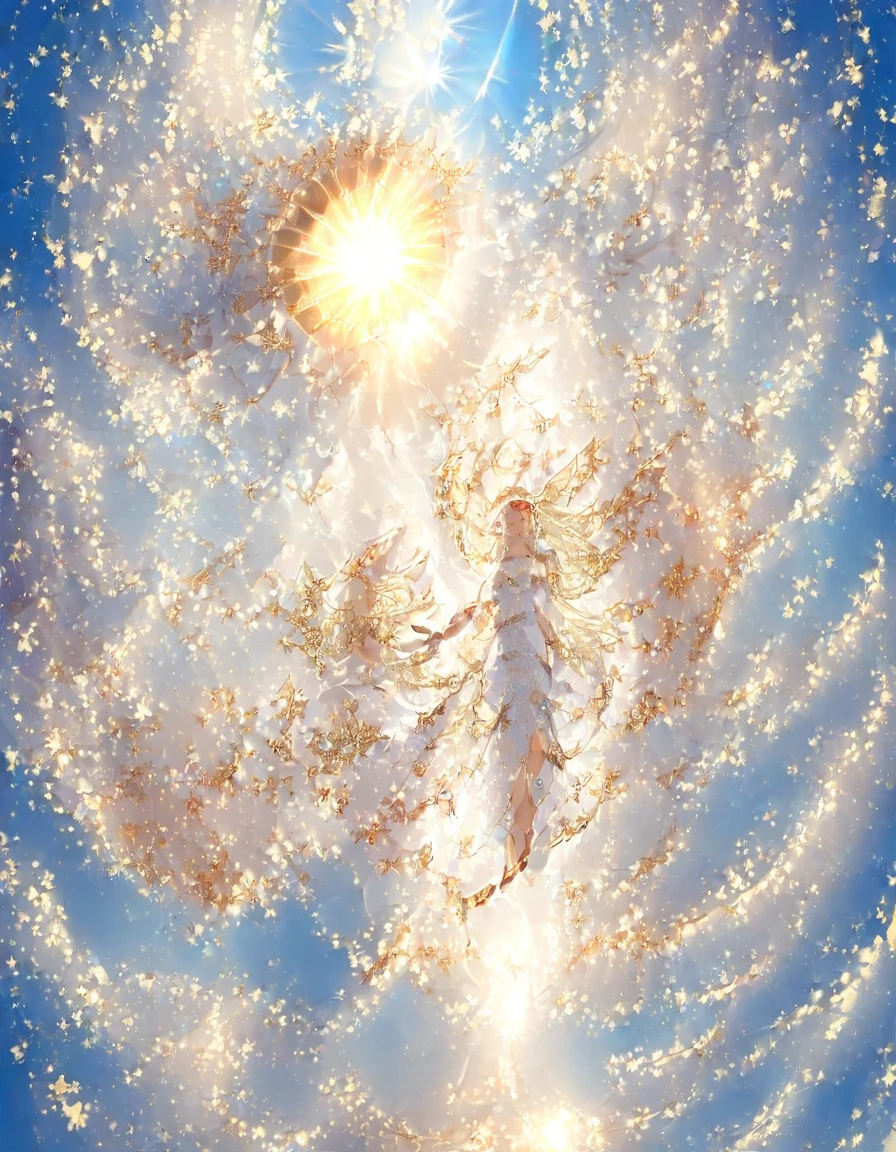 flying,masterpiece, ssambatea, 1girl, full body, (angel wings:1.2),angel, white dress, long dress, gold, anklet, bare feet, very long hair, white hair, floating hair,  circlet, sun, lens flare, clouds, blue sky, from below, reaching out, looking at viewer, smile, side slit
