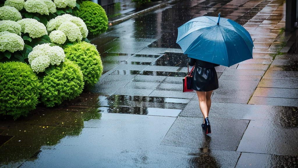 Slightly higher position. A viewpoint from directly above. A woman walking down one street in the rain. A slender woman. You can see her slender legs and Louboutins. There are colorful hydrangea flowers on the sidewalk.