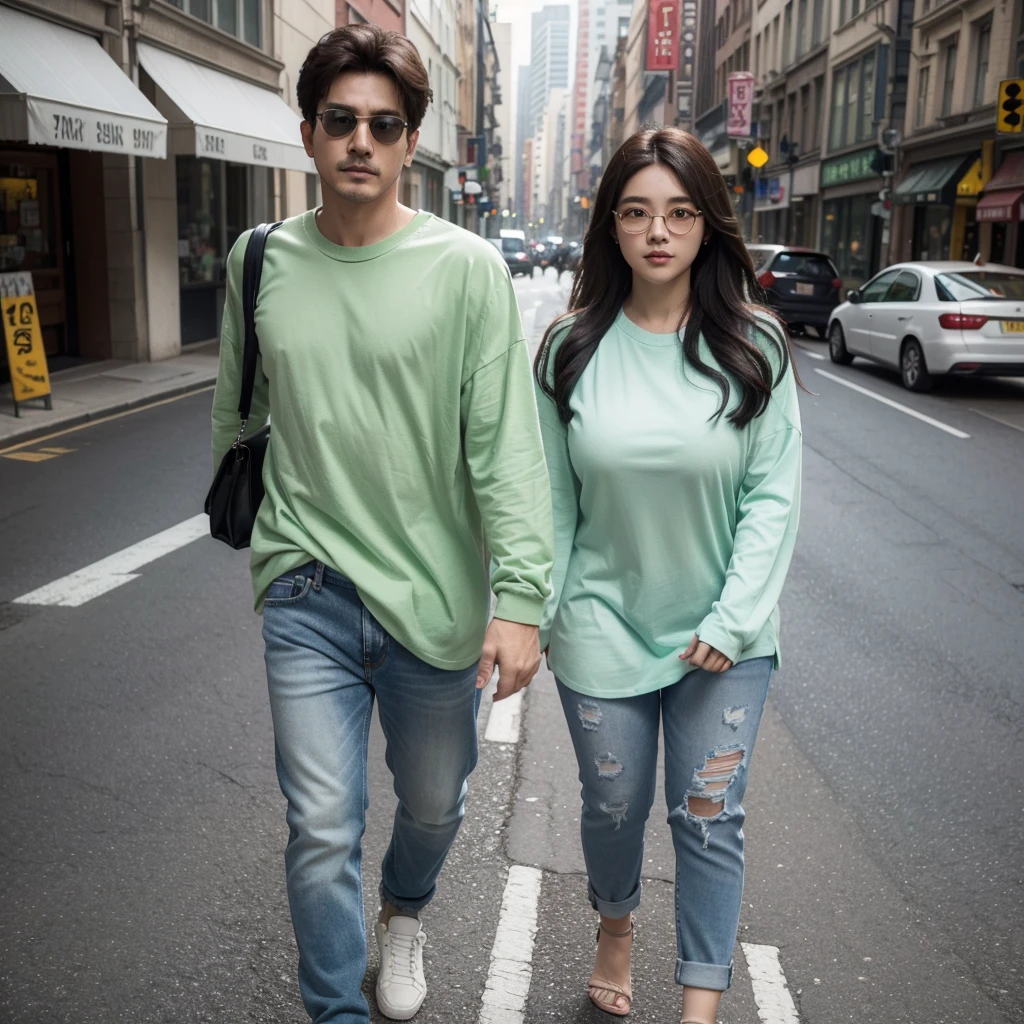 a man and a woman walking down a street, a 3D render, trending on cg society, kawaii shirt and jeans, green shirt, trending on bbwchan, naver fanpop