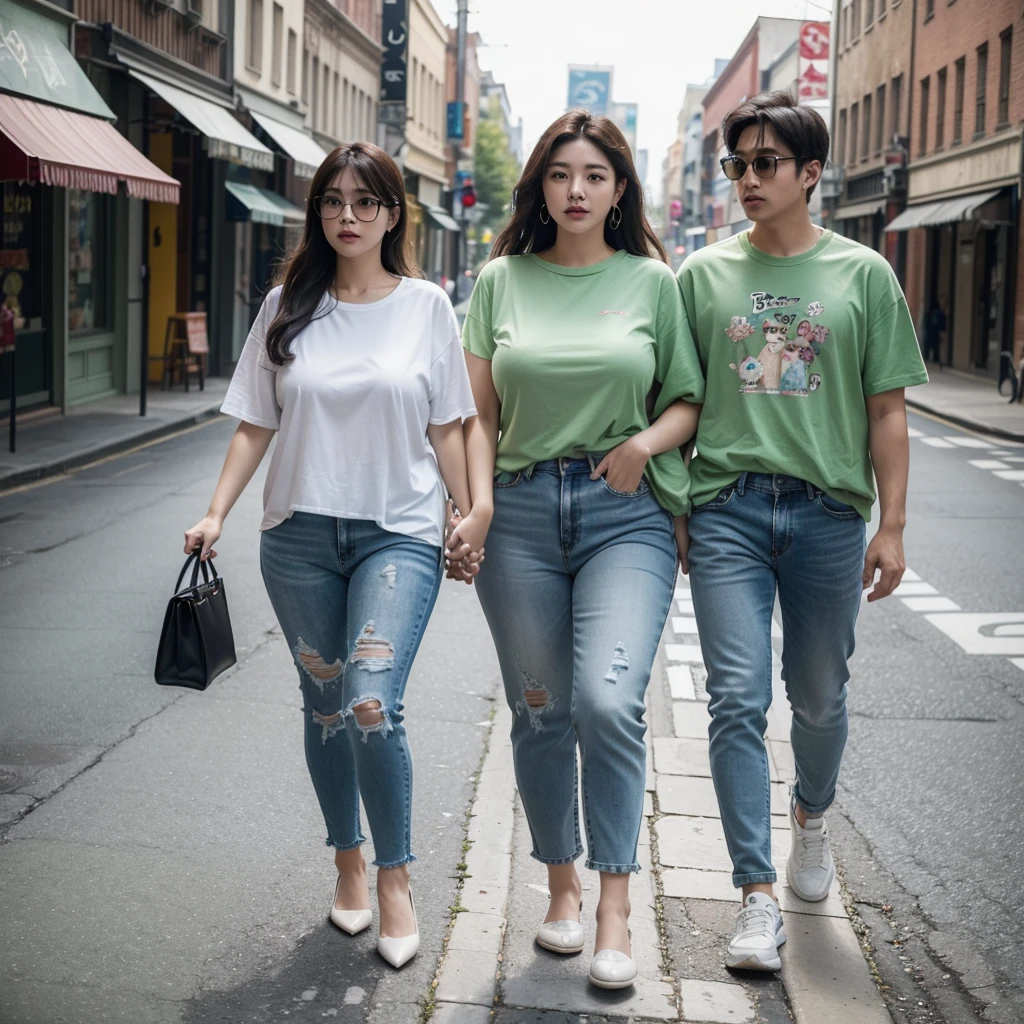 a man and a woman walking down a street, a 3D render, trending on cg society, kawaii shirt and jeans, green shirt, trending on bbwchan, naver fanpop