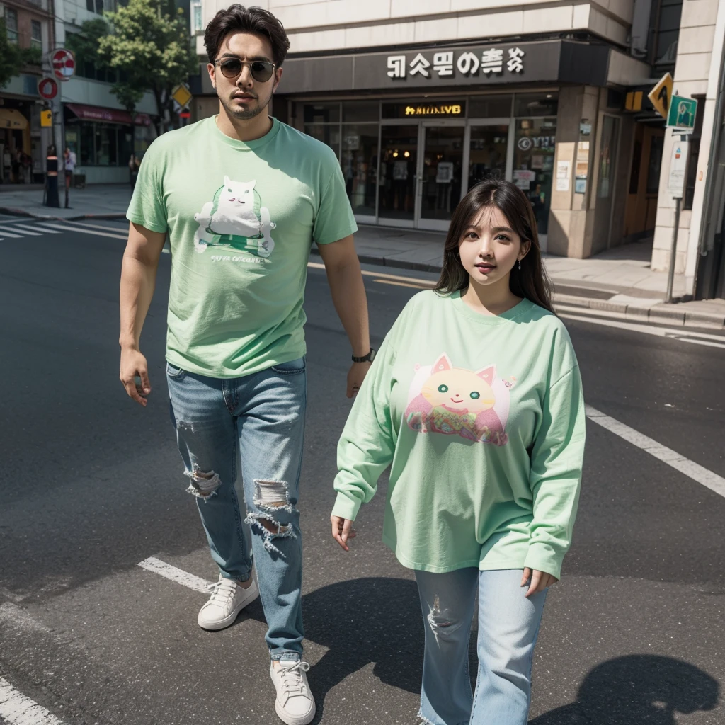 a man and a woman walking down a street, a 3D render, trending on cg society, kawaii shirt and jeans, green shirt, trending on bbwchan, naver fanpop