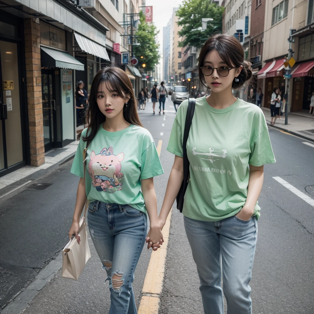 a man and a woman walking down a street, a 3D render, trending on cg society, kawaii shirt and jeans, green shirt, trending on bbwchan, naver fanpop