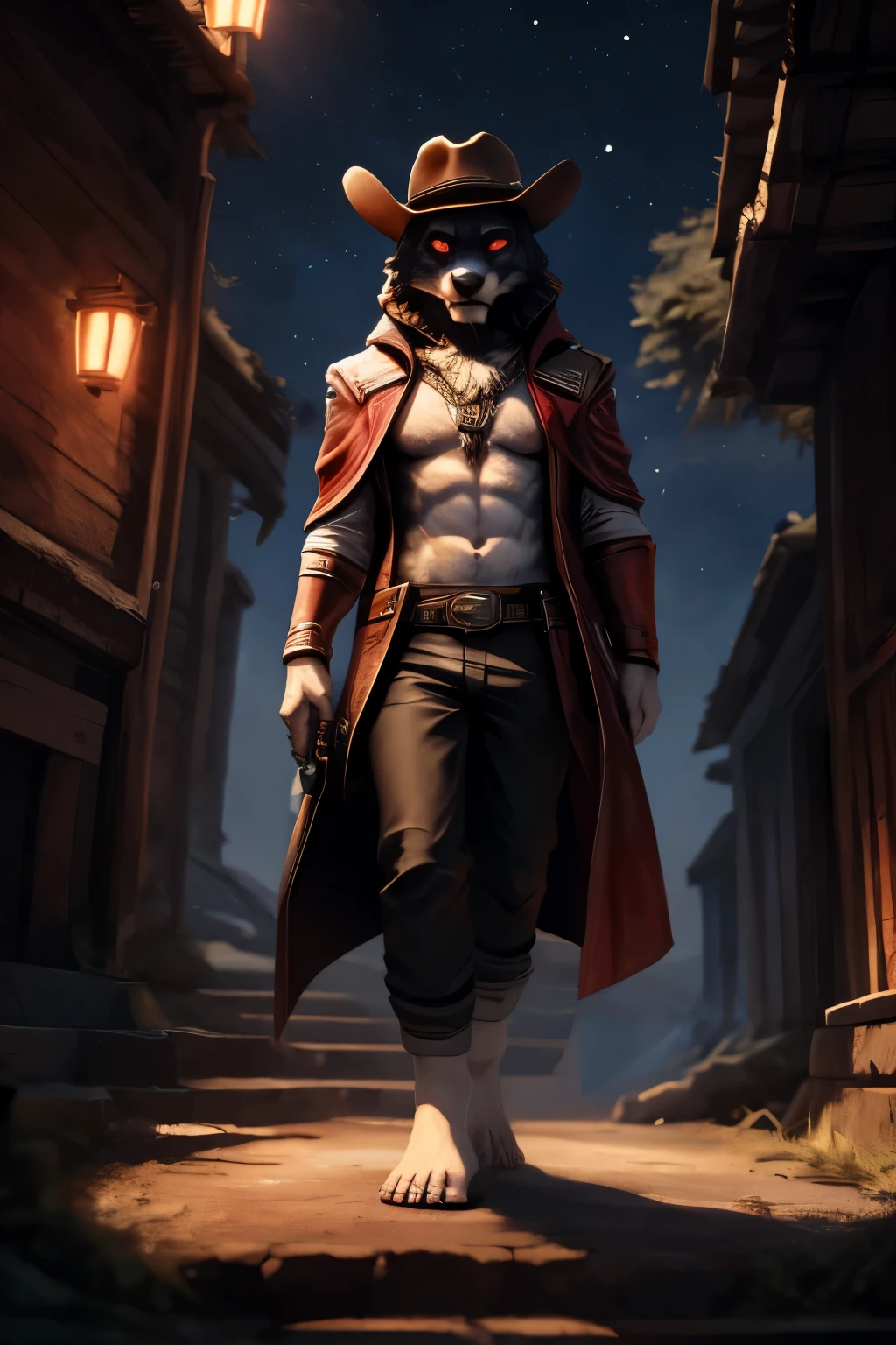 (((Barefoot furry character, full body, cinematic setting, furry male, plantigrade))) 

portrait, ((mysterious gunslinger)), ((holding smoking gun)), ((holding revolver)), long black fur, alone, strange, surreal, desolate, ghostly, eerie, lonely, solitude, short red cloak,red glowing eyes, fantastical, dangerous,night sky,red sky,  cinematic lighting, volumetric lighting, Film grain, cinematic film still, shallow depth of field, highly detailed, (western atmosphere), black cowboy hat

BREAK, intricate details, highly detailed, extreme detail, octane render, fine art, best quality, highres, (detailed face:1.5), ((full_body)), UHD, (((perfect hands))), low light