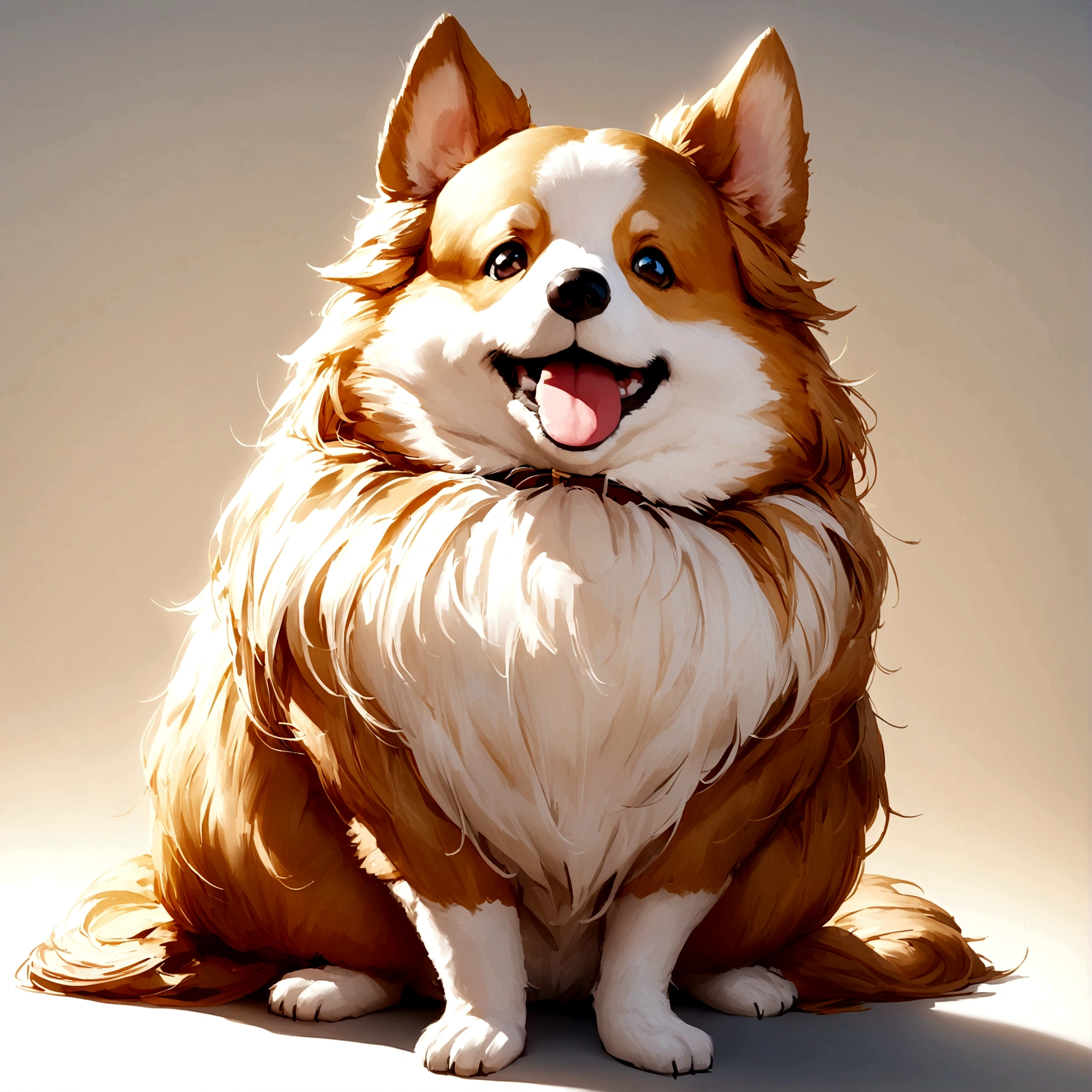 A happy small dog, mixed breed resembling Corgi or Sheltie, full body portrait, sitting pose, facing camera. Long fluffy fur, golden-brown coat with white chest. Large upright ears, slightly rounded at tips. Big expressive eyes, small black nose. Wide smile with open mouth. Slender body, straight front legs, back legs folded under. No accessories or collar. Bright lighting, white background, high detail, photorealistic.