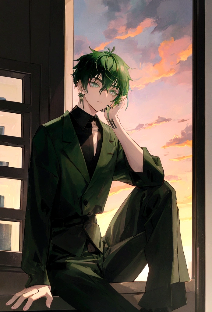 man with black an green hair and light grey eyes, stitches on his face and earrings, wearing dark clothes, sitting on a windowsill, sunset behind him