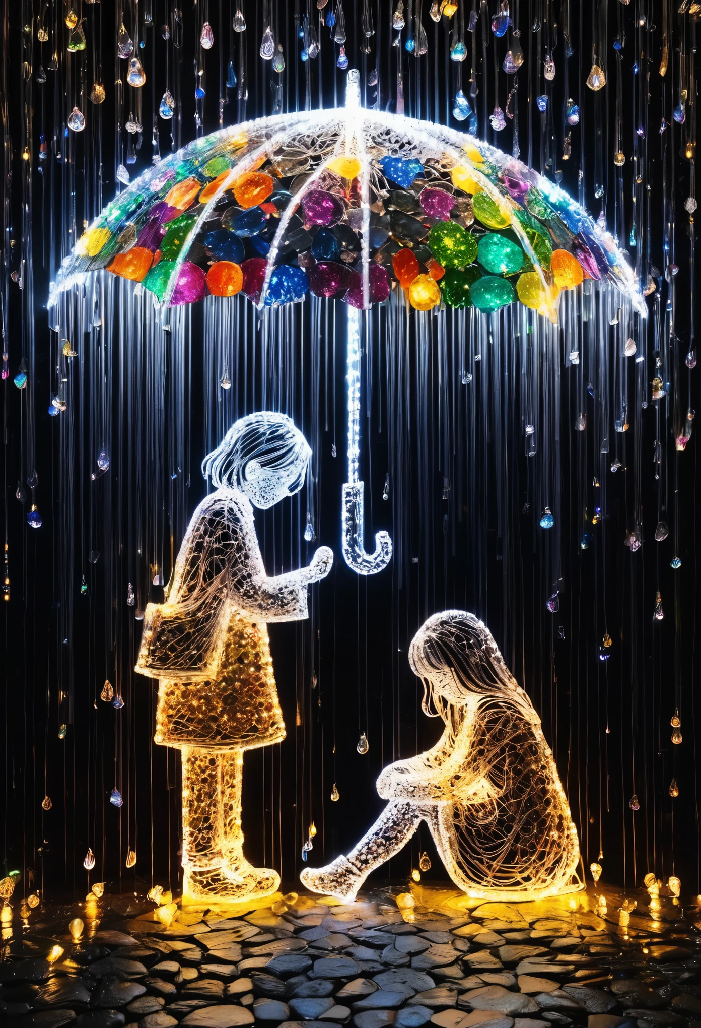 Crystal lighting effect Lights made of small colored stones combined with human-shaped beam layer wire saw , The kind and gentle scene where the man accidentally gave an umbrella to the sad girl sitting in the rain，It is cleverly shaped with thin rays of light..Background gloosy black wall