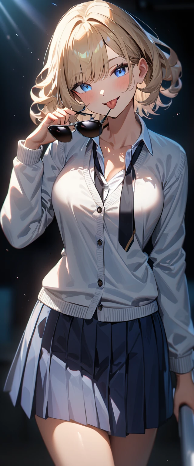 (((One girl))), ((tanned skin:1.3)), blond hair, inwardly curled hair, ((sunglasses, hand to sunglasses)), open mouth, stick out tongue, ((one hand on hip)), ((bob cut:1.3, wavy hair)), Heavy makeup, breasts, (cowboy shot), standard body, (looking at viewer), collarbone, ((((school winter uniform, white unbuttoned shirt, skirt)))), (open collar), ((black tie under the cardigan)), sleeves past wrists, ((cardigan)), teenager, head tilt:1.3, (((blue eye))), ((happy smile)), (((anime style))), (best quality, 4k, 8k, highres, masterpiece:1.2, ultra-detailed, ultra-detailed eyes, HDR, UHD, studio lighting, ultra-fine painting, sharp focus, physically-based rendering, extreme detail description, professional, vivid colors, bokeh), ((Highest quality, Best image quality, Ultra-high resolution, Ultra-high resolution, solo, Strong eye highlights)), Depth of written boundary, Natural soft light, attractive, Beautiful Face, Cleanliness, Pure Face, nedium chest, Beautiful Face, Perfect Fingers, Perfect hands, Perfect body, Perfect Face, Shine a light into your eyes, Perfect Anatomy
