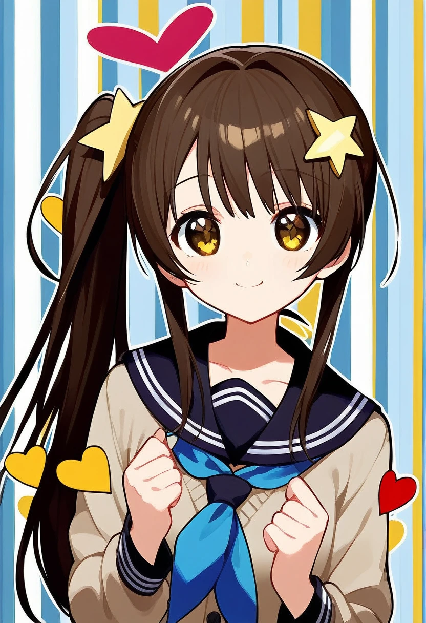 Ichige style, One girl, alone, Brown Hair, heart, hair ornaments, , Side Ponytail, smile, View your viewers, neckerchief, Upper Body, heart hair ornaments, cardigan, Sailor collar, Seraphim, black Sailor collar, bangs, Yellow Eyes, Mouth closed, Long Hair, Brown eyes, purple neckerchief, Striped background, clavicle, Striped, Polka dot pattern, star (symbol)