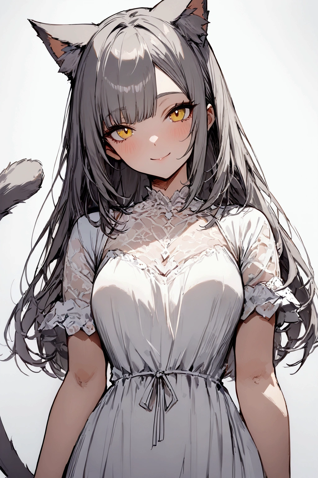 ((masterpiece)), ((best quality)), (from front, facing front:1.32), (close-up:1.2), (half-body shot:1.36), (side bangs hairstyle), perfect anatomy, 1girl, solo, adult cat girl, long gray straight hair, yellow round eyes, gray cat ears, a gray fluffy cat tail, short-sleeved loose white dress, smiling, looking at viewers