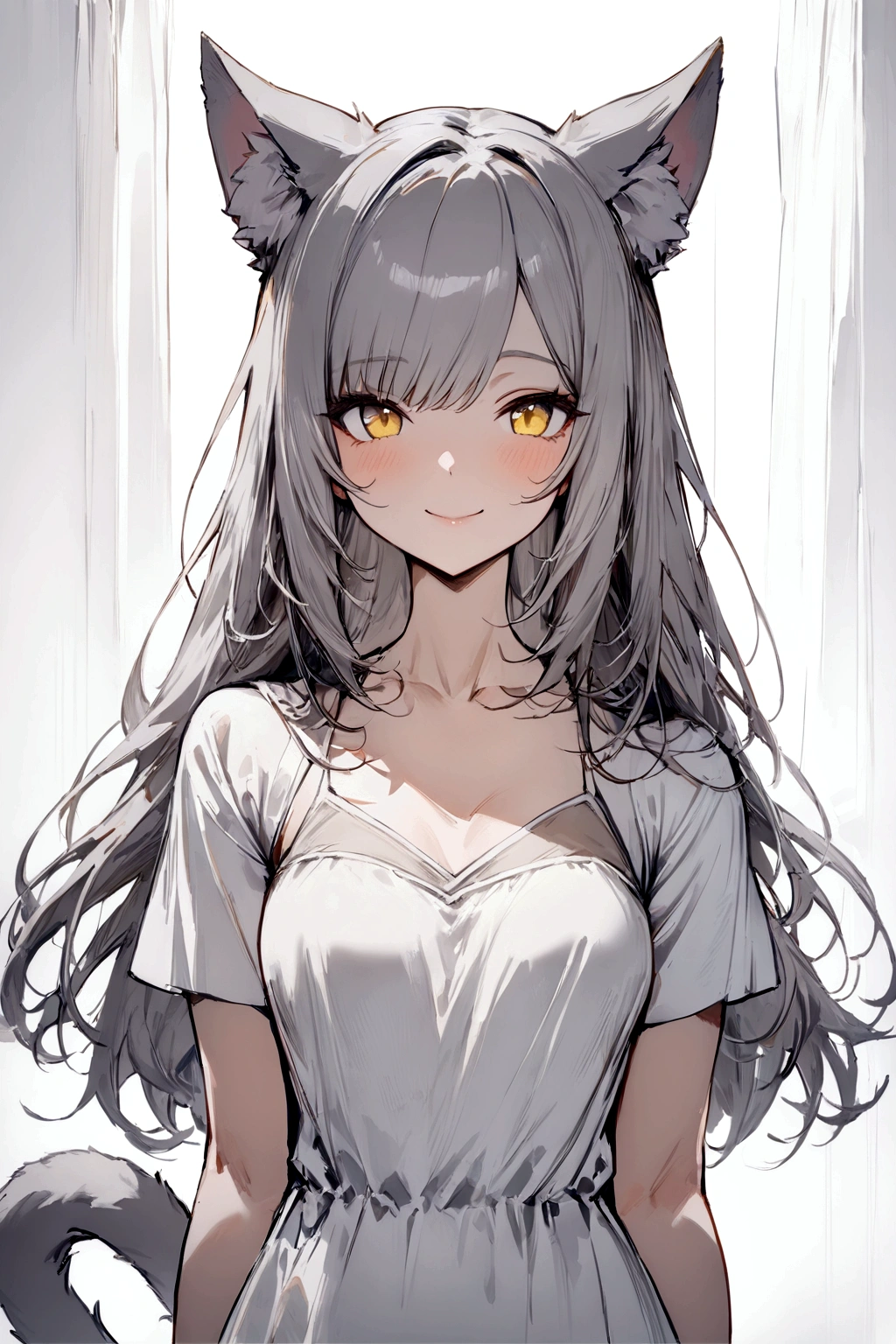 ((masterpiece)), ((best quality)), (from front, facing front:1.32), (close-up:1.2), (half-body shot:1.36), (side bangs hairstyle), perfect anatomy, 1girl, solo, adult cat girl, long gray straight hair, yellow round eyes, gray cat ears, a gray fluffy cat tail, short-sleeved loose white dress, smiling, looking at viewers