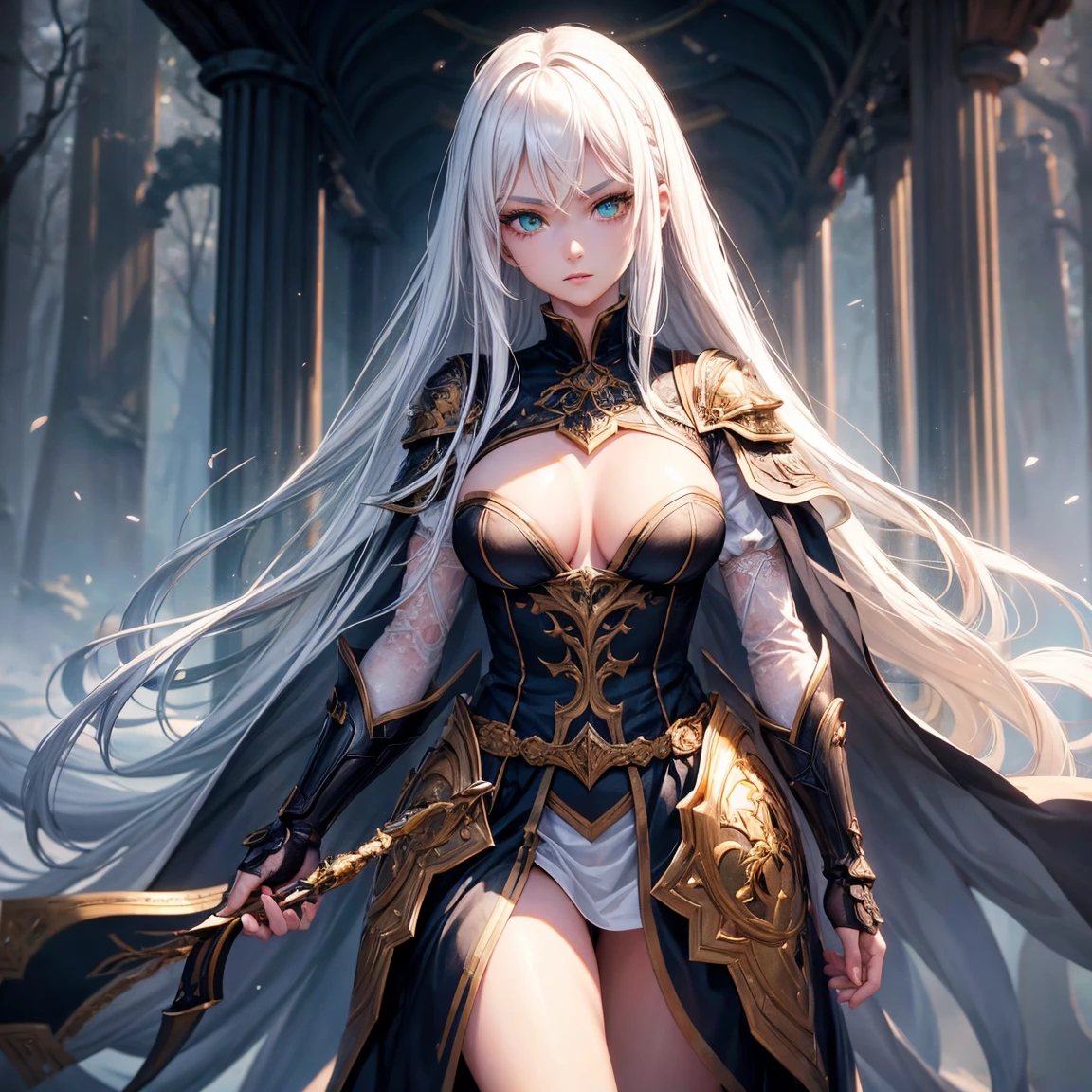 a girl, 1girl, long hair, white hair!!, breasts, green eyes!!!, green eyes, fair skin, sexy black armor, full body, full body, ghost forest, incredibly sexy body, detailed face, beautiful detailed eyes, beautiful detailed lips, extremely detailed eyes and face, long eyelashes, intricate details, detailed clothing,  highly detailed, photo realistic, 8k, best quality, masterpiece, cinematic lighting, dramatic lighting, vibrant colors, fantasy, digital art, concept art