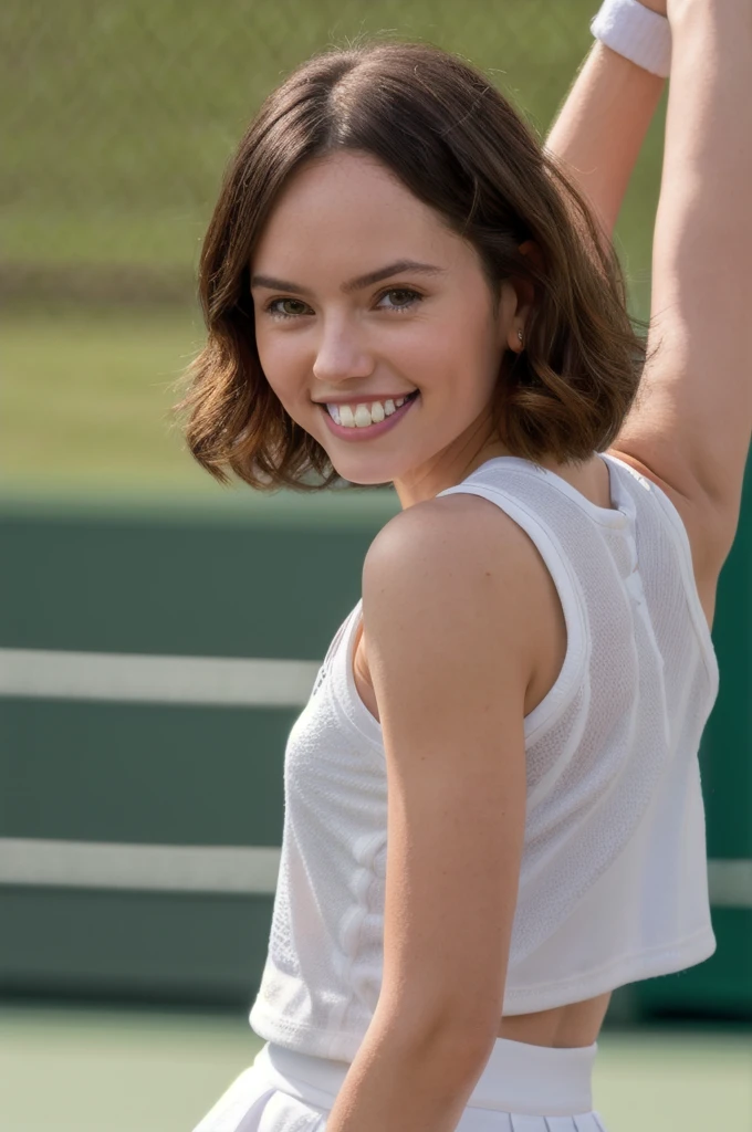 daisyrdl,smile,medium length hair,full length portrait,wearing tennis clothes, canon powershot,masterpiece,tennis court,bokeh,extreme dof,highly detailed,8k,uhd,soft lighting,white shirt, white skirt