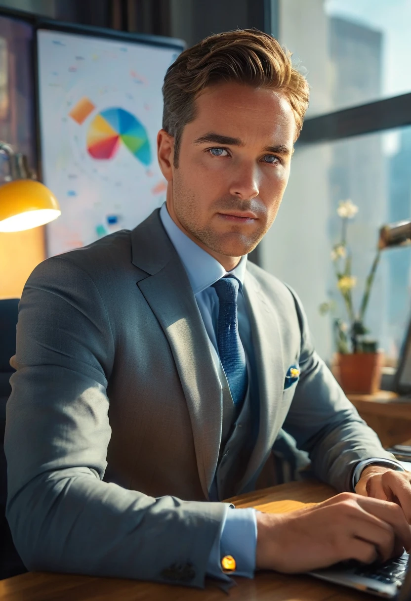 (Best quality,8K,A high resolution,Masterpiece:1.2, Ultrawide angle), UHD, Realistic, portrait, res, Robust construction,Vivid colors, Soft lightning, Subtle shadows, vibrant color palette. The office is filled with a buzz of activity as the businessman sits at his desk, surrounded by cutting-edge technology. His laptop and other devices are open in front of him, displaying graphs, charts, and other important data. His his eyes focused and intense looking at the laptop. The room is designed to give the impression of a forward-thinking business, with technology integrated at every turn.