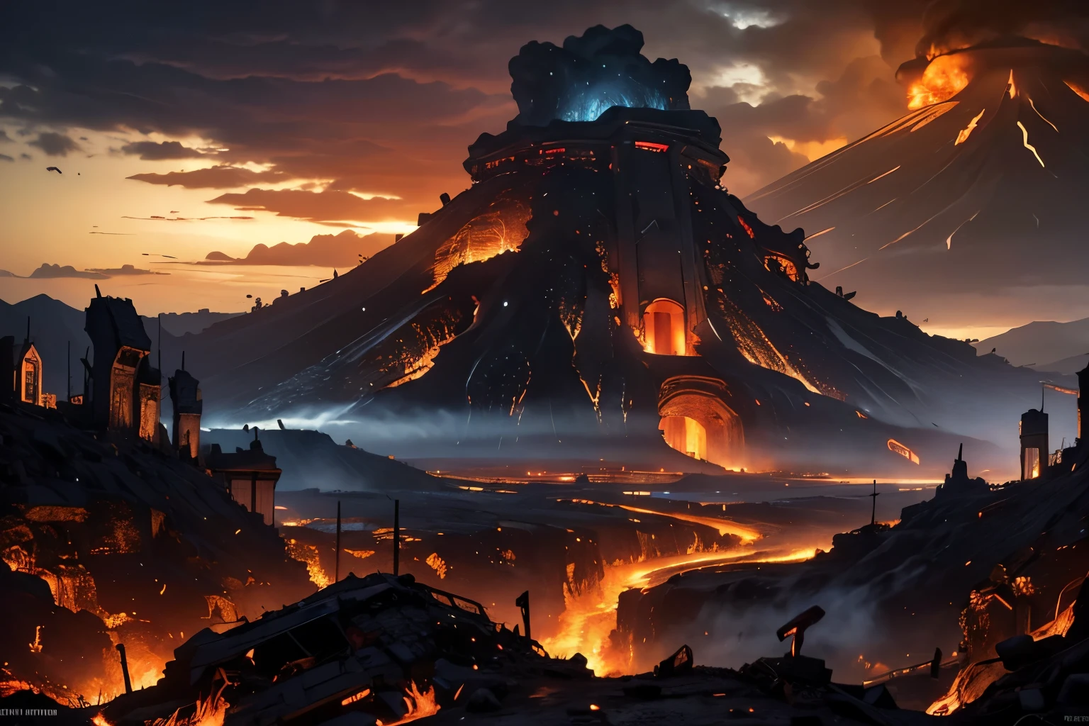(masterpiece),(best quality),8k,high detailed,ultra-detailed,An ancient disaster befalling a city,ancient disaster,(city in chaos),(crumbling buildings),(terrified animals),ominous clouds,(volcanic eruption),lava flow,(people in tattered clothes),desperate expressions