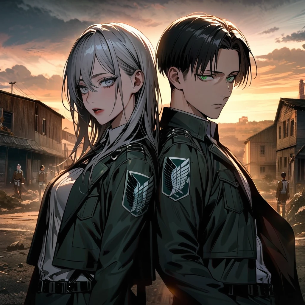 Ultra detailed, Highres, absurdres, HDR, Levi Ackerman, black hair, grey eyes, Shingeki No Kyojin, extremely handsome, 1 man with 1 woman, she have white hair and green eyes, the woman is part of the squad, the sunset, full-body portraits, dark ambiance, only two people