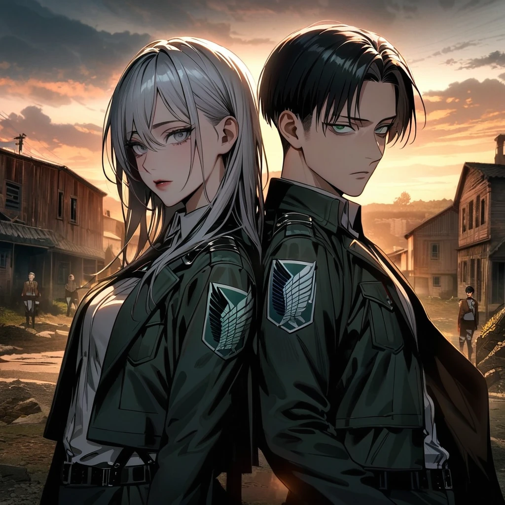 Ultra detailed, Highres, absurdres, HDR, Levi Ackerman, black hair, grey eyes, Shingeki No Kyojin, extremely handsome, 1 man with 1 woman, she have white hair and green eyes, the woman is part of the squad, the sunset, full-body portraits, dark ambiance, only two people