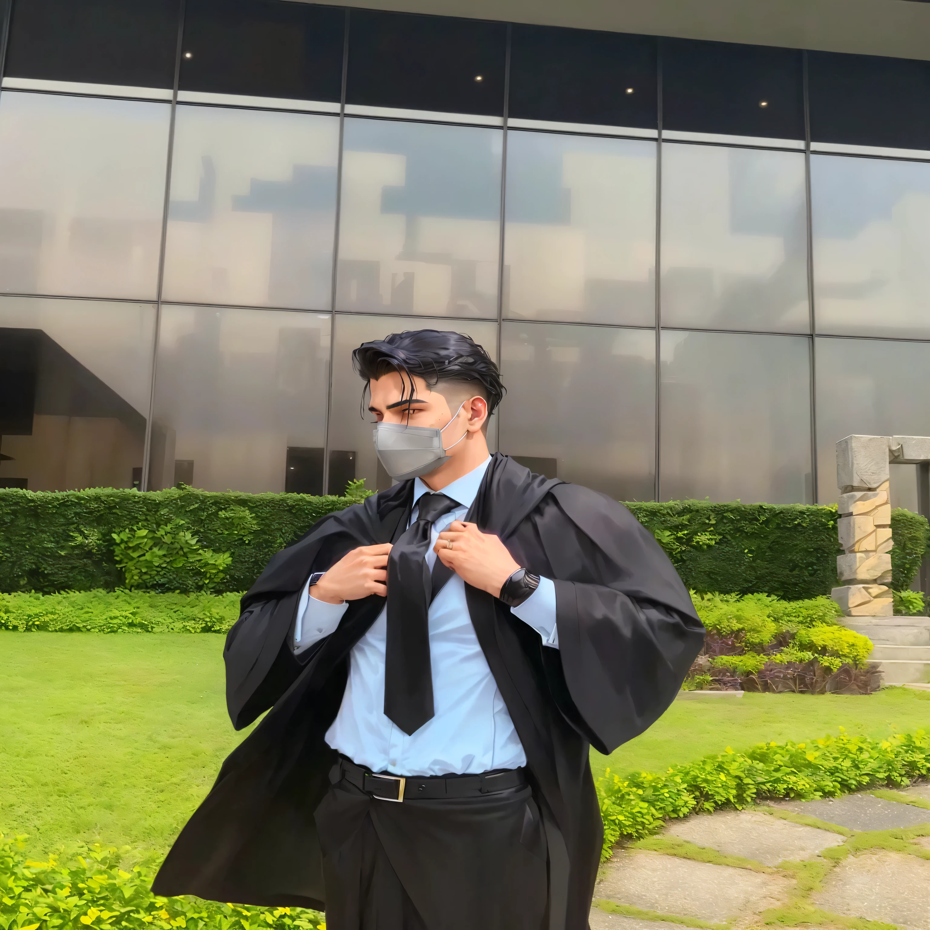 Handsome man in a suit and tie standing in front of a building, wearing an academic gown, wearing robes and neckties, wearing black clothes and cape, wearing black robe, wearing a black robe, wearing nanotech honeycomb robe, wearing a black noble suit, wearing black robes, wearing black wizard robes, wearing a black cloak, wearing all black mempo mask