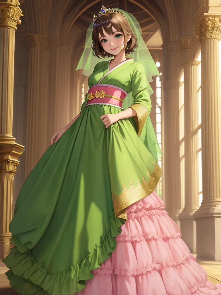 masterpiece, best quality:1.2), 1girl, smile, looking at viewer, green eyes, short brown hair, princess, princess dress, wearing puffy pink ballgown skirt reaching the floor, green kimono, golden tiara with veil, standing in ballroom of medieval castle