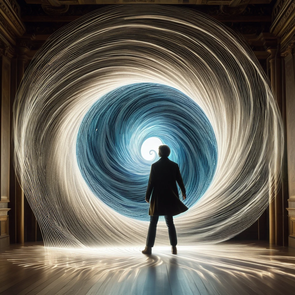 	A lone figure stands on the threshold of time, surrounded by swirling vortexes of light. With a needle and thread in hand, they stitch together the fabric of reality, weaving pathways through time and space to explore the mysteries of the universe.