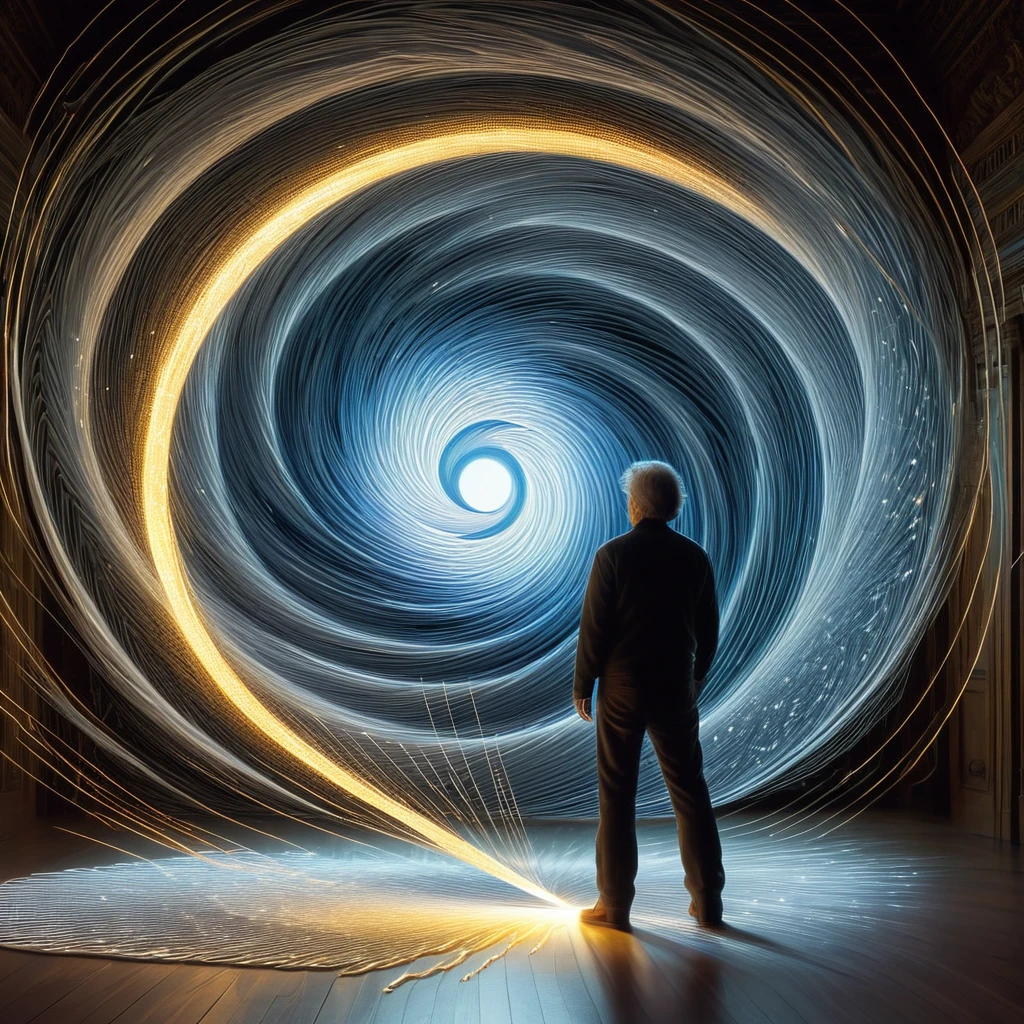 A lone figure stands on the threshold of time, surrounded by swirling vortexes of light. With a needle and thread in hand, they stitch together the fabric of reality, weaving pathways through time and space to explore the mysteries of the universe.
