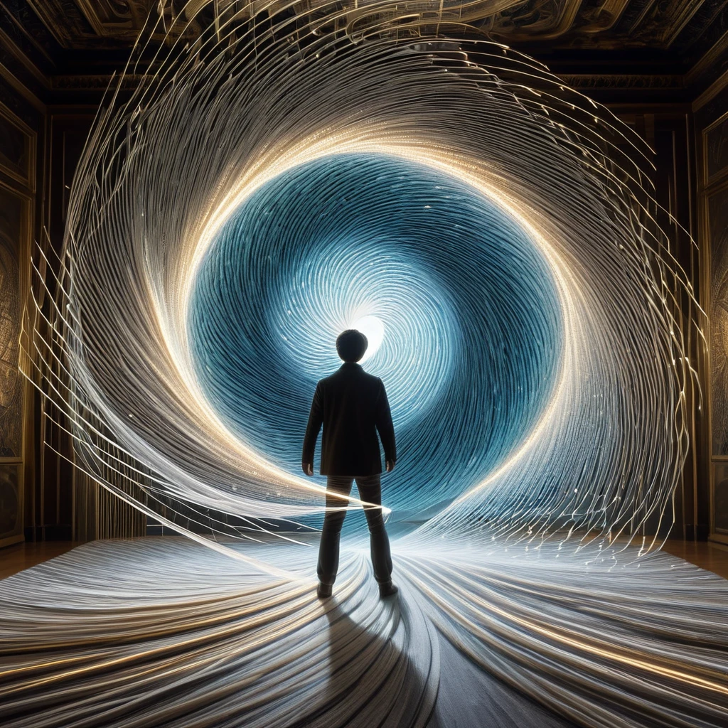 A lone figure stands on the threshold of time, surrounded by swirling vortexes of light. With a needle and thread in hand, they stitch together the fabric of reality, weaving pathways through time and space to explore the mysteries of the universe.