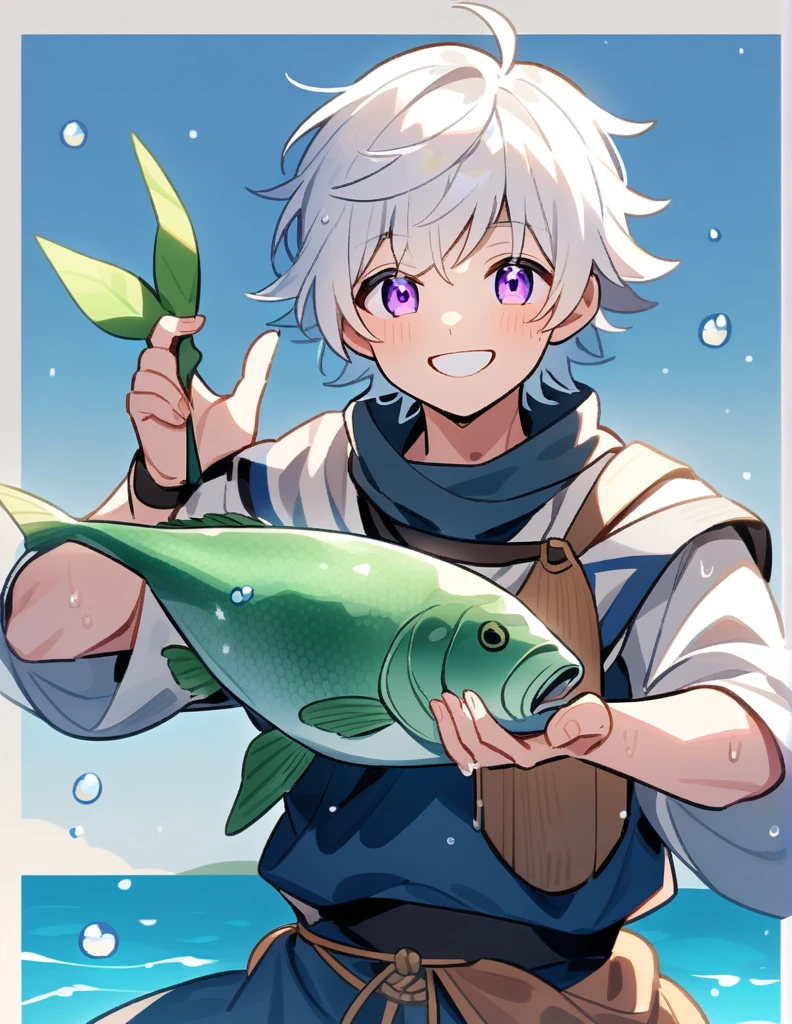 Greek boy with white hair, violet eyes, wearing wet peasant clothes, with a big smile, holding a fish with one hand and showing it