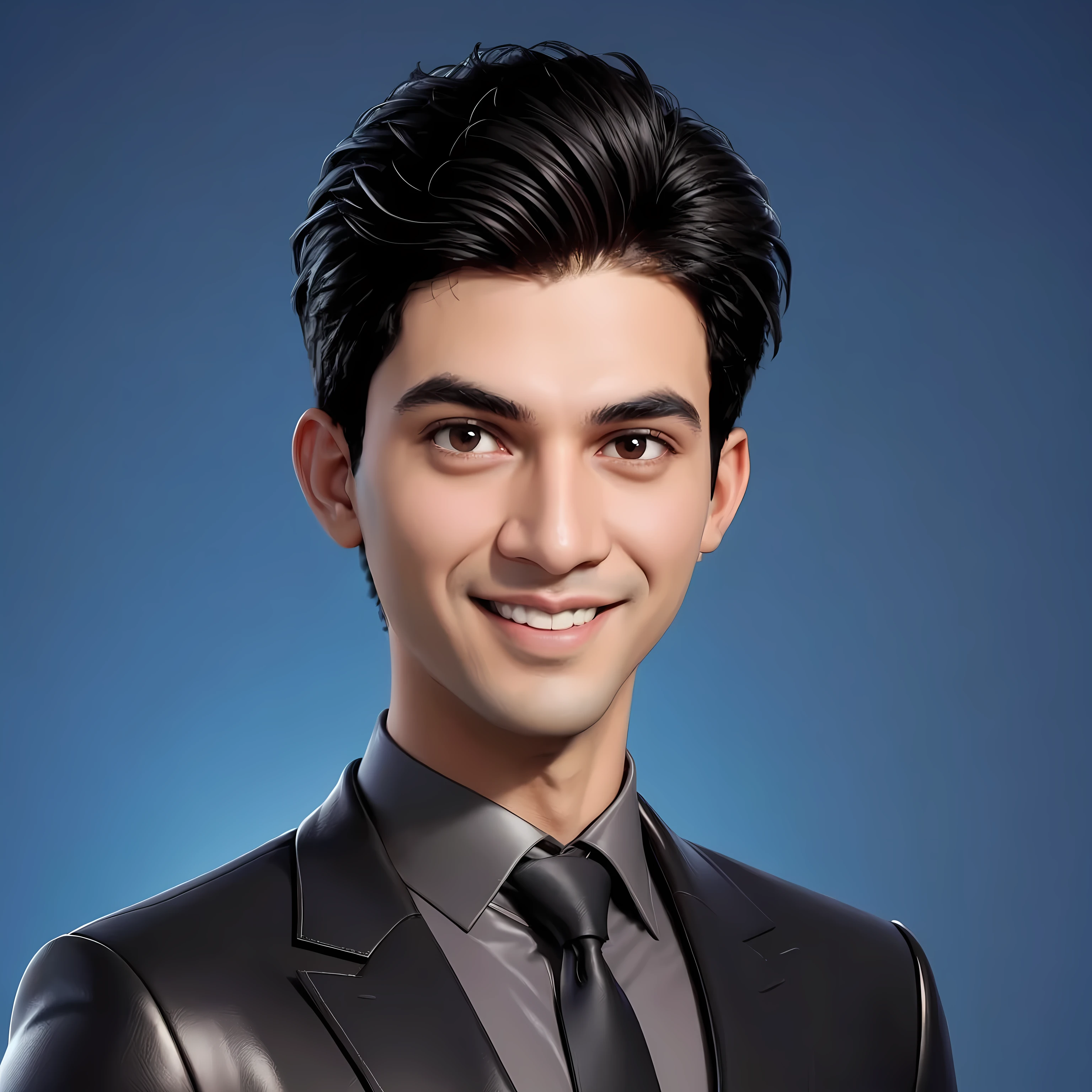 Create a full body portrait of cartoonish caricature 3D animation of a big-headed facing straight to the camera. a 25 years old Pakistani businessman. He has short black pixie cut hair. His face is oval with smooth lines, thick and neat black eyebrows, normal eyes, a small, sharp nose, and thin lips with a wide, friendly smile. He wore a black double breasted suit. Gradient blue background. masterpiece, top quality, highly detailed skin and face, ultra-realistic, high definition, sharp focus, Concept Art. Front facing, medium wide angle shot, in a office environment. 