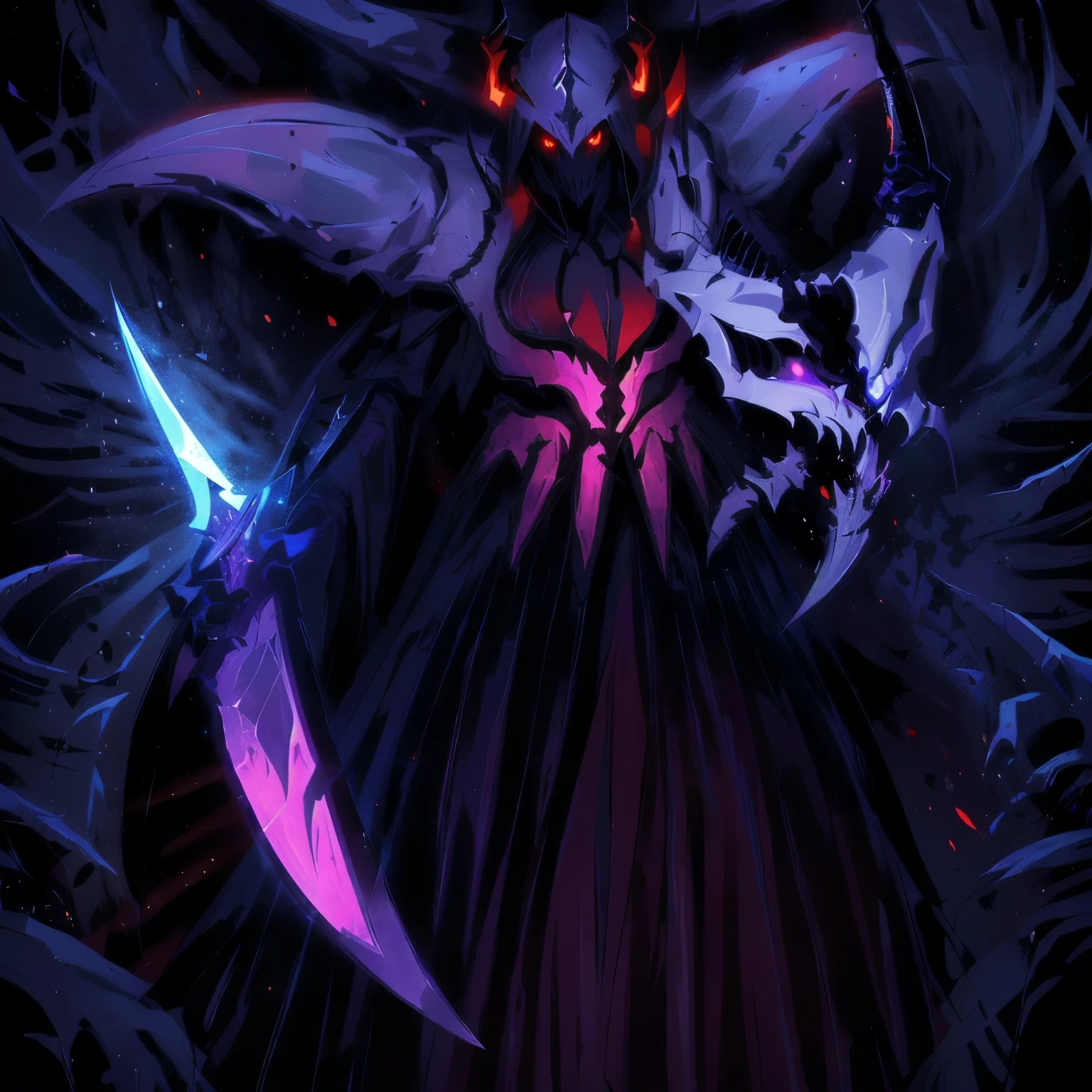 a drawing of a devil with a knife in its hand, reaper of night!!!!, Ilithid, ainz ooal dress, of the overlord, humanoid form, Gapmoe Yandere Grimdark, the queen of spades, devil, reaper, the reaper as a scary, portrait of a mind flayer, wielding a scythe, ly, evil knight