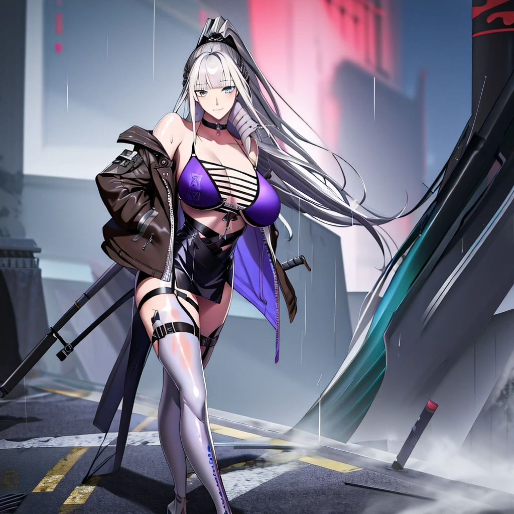 Anime girl with long white hair and black leather jacket is walking down the street, Girl with silver hair, anime style 4 k, artwork in the style of guweiz, perfect gray hair girl, Anime style. 8K, guweiz, Seductive Anime Girl, guweiz on pixiv artstation, Cyberpunk Anime Girl, best anime 4k konachan wallpaper
realistic, bangs, strictly straight haircut, long hair, off shoulder, rainbow hair, oversized, white with violet undertone silky Top, bare legs, thigh, cleavage, collarbone, (extremely detailed CG unity 8k wallpaper, masterpiece, best quality, ultra-detailed, best shadow), (masterpiece:1.2, best quality),((Heterochromia_eyes)(multicolor eyes)
(Right eye: red_color)
(Left eye: gray_color))
Blunt_bangs, straight_bangs, silver_bangs, carefully_styled_bangs, Sleek_bangs, strictly_straight_sidelocks,
Strictly_Straigh_hairstyle, long_hairstyle, straight _cutted_hair, soft body, cute, arm strap, thigh strap, outside, out door, raining, night, wet cloths, standing, standing in the rain, wet hair, wet skin, see through, (heavy rain), ruined  building, messy ground, bullet shells on ground, dust, wounds, walking, (leather ( with diamond futuristic ornament)jacket), tactical suit, military equipment, (night), white legwear, wet thighs, ((lotion)), from behind, (wet), dress, skirt, , happy, happy expression, thighs, from below, horizon, \(weapon\)