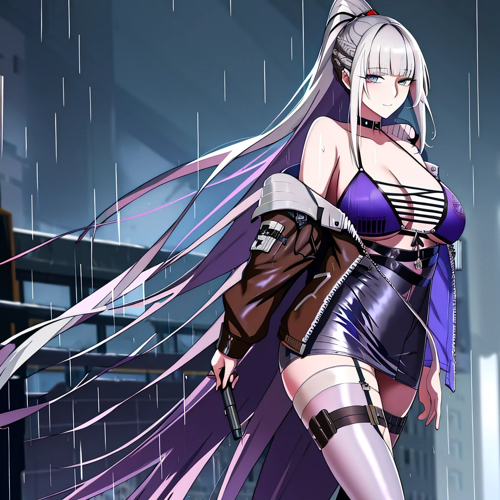 Anime girl with long white hair and black leather jacket is walking down the street, Girl with silver hair, anime style 4 k, artwork in the style of guweiz, perfect gray hair girl, Anime style. 8K, guweiz, Seductive Anime Girl, guweiz on pixiv artstation, Cyberpunk Anime Girl, best anime 4k konachan wallpaper
realistic, bangs, strictly straight haircut, long hair, off shoulder, rainbow hair, oversized, white with violet undertone silky Top, bare legs, thigh, cleavage, collarbone, (extremely detailed CG unity 8k wallpaper, masterpiece, best quality, ultra-detailed, best shadow), (masterpiece:1.2, best quality),((Heterochromia_eyes)(multicolor eyes)
(Right eye: red_color)
(Left eye: gray_color))
Blunt_bangs, straight_bangs, silver_bangs, carefully_styled_bangs, Sleek_bangs, strictly_straight_sidelocks,
Strictly_Straigh_hairstyle, long_hairstyle, straight _cutted_hair, soft body, cute, arm strap, thigh strap, outside, out door, raining, night, wet cloths, standing, standing in the rain, wet hair, wet skin, see through, (heavy rain), ruined building, messy ground, bullet shells on ground, dust, wounds, walking, (leather ( with diamond futuristic ornament)jacket), tactical suit, military equipment, (night), white legwear, wet thighs, ((lotion)), from behind, (wet), dress, skirt, , happy, happy expression, thighs, from below, horizon, \(weapon\)