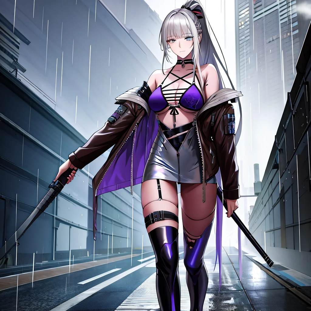 Anime girl with long white hair and black leather jacket is walking down the street, Girl with silver hair, anime style 4 k, artwork in the style of guweiz, perfect gray hair girl, Anime style. 8K, guweiz, Seductive Anime Girl, guweiz on pixiv artstation, Cyberpunk Anime Girl, best anime 4k konachan wallpaper
realistic, bangs, strictly straight haircut, long hair, off shoulder, rainbow hair, oversized, white with violet undertone silky Top, bare legs, thigh, cleavage, collarbone, (extremely detailed CG unity 8k wallpaper, masterpiece, best quality, ultra-detailed, best shadow), (masterpiece:1.2, best quality),((Heterochromia_eyes)(multicolor eyes)
(Right eye: red_color)
(Left eye: gray_color))
Blunt_bangs, straight_bangs, silver_bangs, carefully_styled_bangs, Sleek_bangs, strictly_straight_sidelocks,
Strictly_Straigh_hairstyle, long_hairstyle, straight _cutted_hair, soft body, cute, arm strap, thigh strap, outside, out door, raining, night, wet cloths, standing, standing in the rain, wet hair, wet skin, see through, (heavy rain), ruined  building, messy ground, bullet shells on ground, dust, wounds, walking, (leather ( with diamond futuristic ornament)jacket), tactical suit, military equipment, (night), white legwear, wet thighs, ((lotion)), from behind, (wet), dress, skirt, , happy, happy expression, thighs, from below, horizon, \(weapon\)