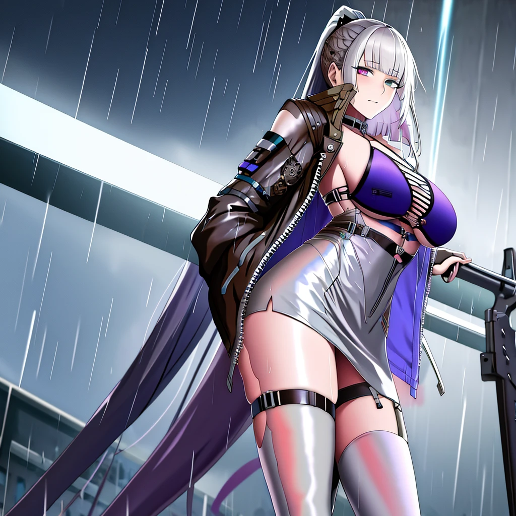 Anime girl with long white hair and black leather jacket is walking down the street, Girl with silver hair, anime style 4 k, artwork in the style of guweiz, perfect gray hair girl, Anime style. 8K, guweiz, Seductive Anime Girl, guweiz on pixiv artstation, Cyberpunk Anime Girl, best anime 4k konachan wallpaper
realistic, bangs, strictly straight haircut, long hair, off shoulder, rainbow hair, oversized, white with violet undertone silky Top, bare legs, thigh, cleavage, collarbone, (extremely detailed CG unity 8k wallpaper, masterpiece, best quality, ultra-detailed, best shadow), (masterpiece:1.2, best quality),((Heterochromia_eyes)(multicolor eyes)
(Right eye: red_color)
(Left eye: gray_color))
Blunt_bangs, straight_bangs, silver_bangs, carefully_styled_bangs, Sleek_bangs, strictly_straight_sidelocks,
Strictly_Straigh_hairstyle, long_hairstyle, straight _cutted_hair, soft body, cute, arm strap, thigh strap, outside, out door, raining, night, wet cloths, standing, standing in the rain, wet hair, wet skin, see through, (heavy rain), ruined building, messy ground, bullet shells on ground, dust, wounds, walking, (leather ( with diamond futuristic ornament)jacket), tactical suit, military equipment, (night), white legwear, wet thighs, ((lotion)), from behind, (wet), dress, skirt, , happy, happy expression, thighs, from below, horizon, \(weapon\)