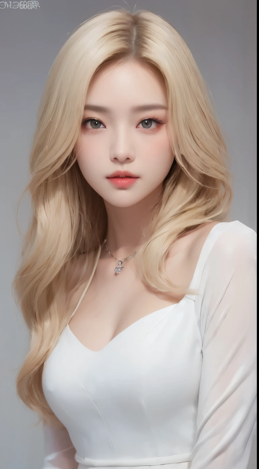 ((realistic lighting、top quality、8K、masterpiece:1.3))、clear focus:1.2、1 girl、perfect beauty:1.4、slim((blonde hair))、neat and clean clothes、one piece clothing、Superb face、narrow-eyed、double eyelid、cinematic lighting、photo realistic、28 years old、straight hair、A face like a K-pop idol、white background、gray background、mature woman、Classy makeup、light hair color blonde、pulling angle、