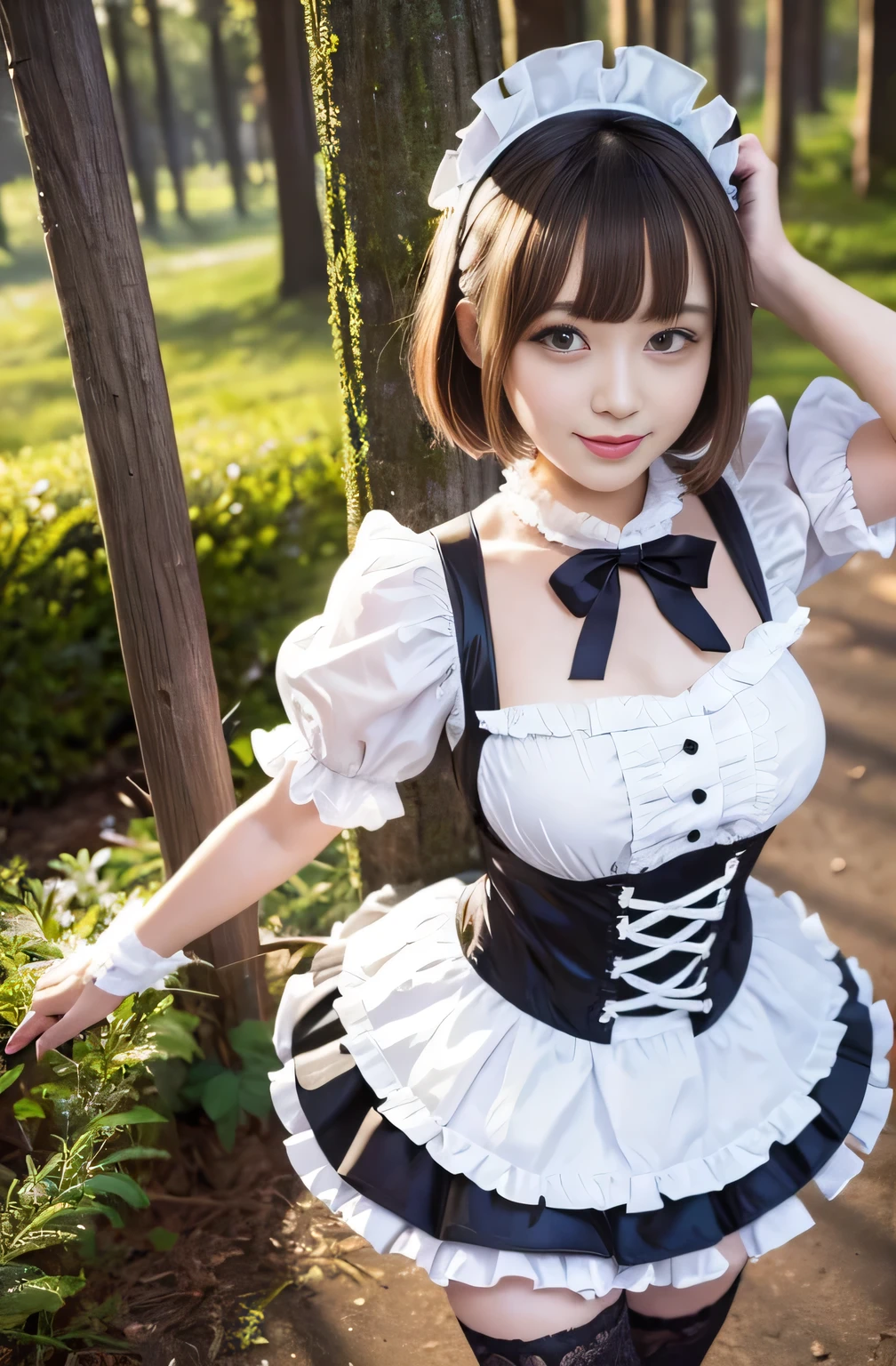 (nsfw), sexy stylish Japanese model, only 1 female, ((doll-like appearance)), short Auburn stylish hair, ((shiny Victorian-Style boots)), (big smile), ultra detailed eyes, vivid eye makeup, lip-gloss, long lashes, defined eyebrows, ((sexy Paradise Kiss cosplay)), bell-shaped skirt, petticoats, high neckline, puffed sleeves, ((ultra detailed lace)), ((ultra detailed embroidery)), intricate details, Paradise Kiss accessoires and matching headpiece, choker, ((large sparkling Paradise Kiss jewelry)), cinematic light, detailed large park background with trees