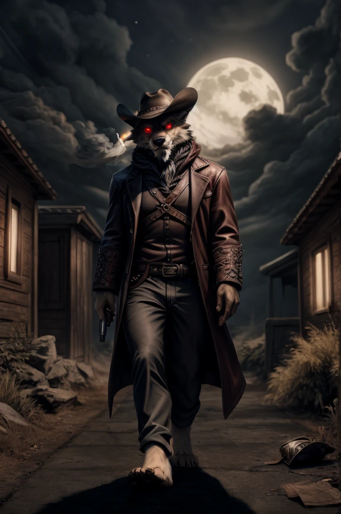 (((Barefoot furry character, full body, cinematic setting, furry male, plantigrade)))
portrait, ((mysterious gunslinger)), ((holding smoking gun)), ((holding revolver)), long black fur, alone, strange, surreal, desolate, ghostly, eerie, lonely, solitude, short red cloak,red glowing eyes, fantastical, dangerous,night sky,red sky, cinematic lighting, volumetric lighting, Film grain, cinematic film still, shallow depth of field, highly detailed, (western atmosphere), black cowboy hat
BREAK, intricate details, highly detailed, extreme detail, octane render, fine art, best quality, highres, (detailed face:1.5), ((full_body)), UHD, (((perfect hands))), low light