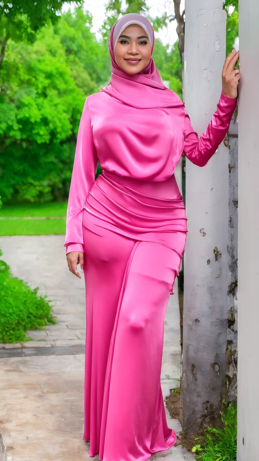 (masterpiece:1.4), (best quality:1.4), (high resolution:1.4), (masterpiece, best quality, high resolution:1.4), husna hijab, adult indonesian, big breast, forward chest, slim bodt, Thick eyebrows, thin lips, sharp nose, naughty smile, wear SatinShirt, satin skirt, full body view