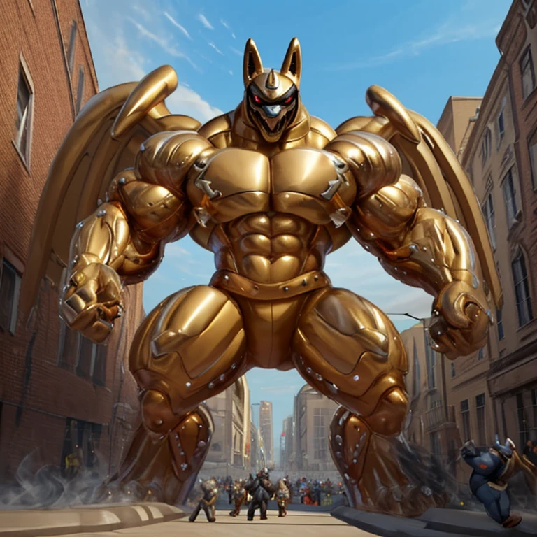 (masterpiece. official art. 8k. best quality. detailed full body. full body.)
(situation 1 : dominating shiny_mega_lucario. shiny_mega_lucario is over 1000 meters long. focus GIANT shiny_mega_lucario is trampling the city. Looking down. macro. stomp. Low-angle perspective. emphasizing the immense size.)
(situation 2 : smoke and flames rising from the destruction in the city)
(Additional details 1: Armored Flazzard. real texture material. whole body shines like metal. emphasizes the muscles. suit fully made of metal.).
(Additional details 2: (Detailed head. Detailed Body. Detailed abs. gigantic muscles. HYPER MUSCLES. Gigachad Muscular. big muscle. pecs. triceps. traps. unusually developed muscular body. body full of huge muscles. showing off muscles. pectorales enormes. Exaggeratedly huge muscles. huge muscles. long legs.).
(Additional details 3: Spread wings. It has wings. have big wings. The claws are sharp. Sharp teeth.).