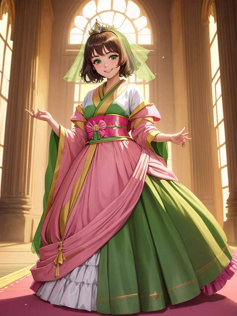 masterpiece, best quality:1.2), 1girl, smile, looking at viewer, green eyes, short brown hair, princess, princess dress, wearing puffy pink ballgown skirt reaching the floor, green kimono, golden tiara with veil, standing in ballroom of medieval castle