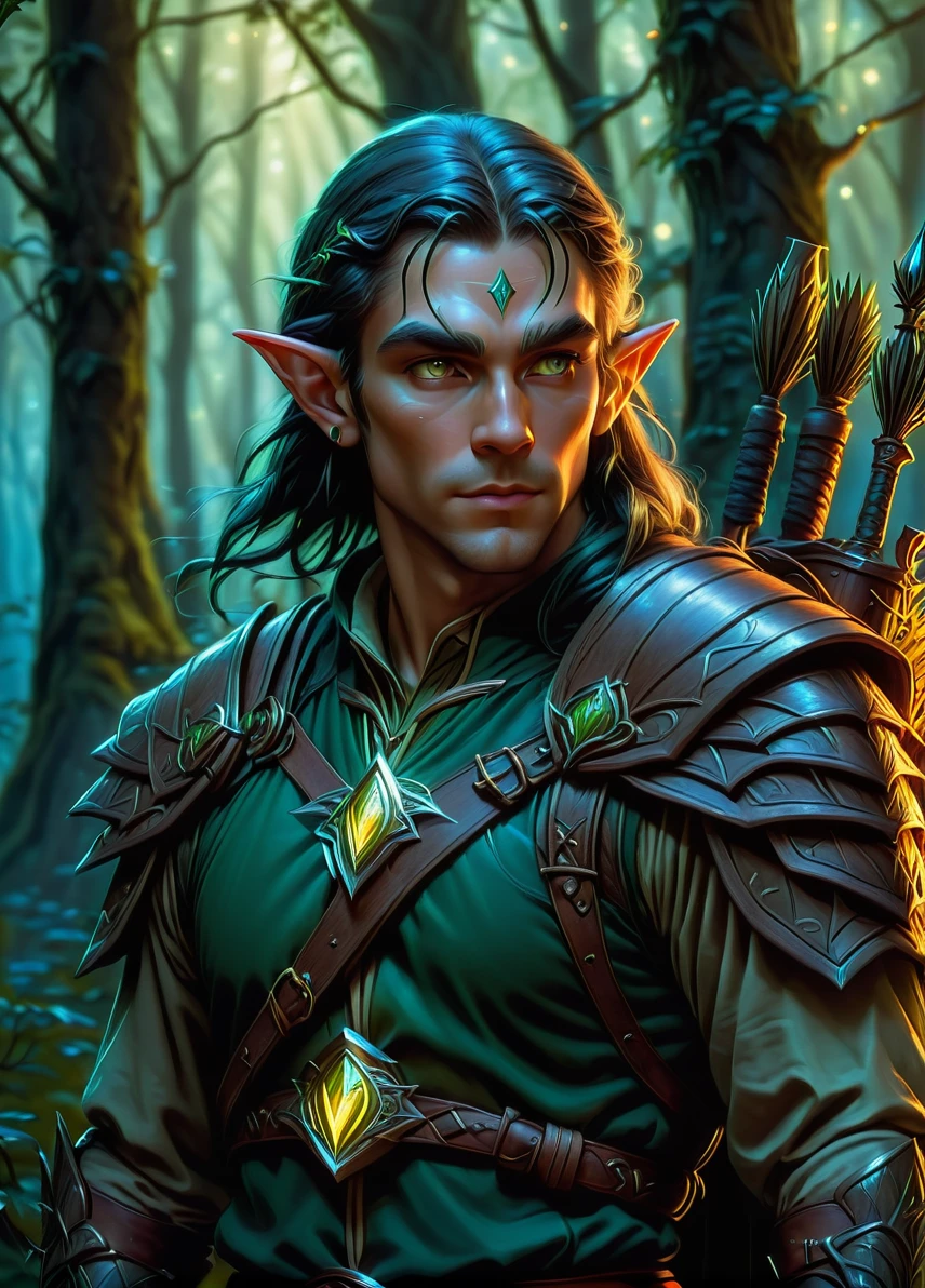 grizzled wood elf hunter, male focus, tree spirit symbols and patterns, dark ethereal fantasy forest at night, holding an elf bow, full shot, 
((looking at viewer:1.2), (from side:0.8)), 
full armor, athletic, volumetric lighting dynamic lighting, real shadows, vibrant contrasting colors,  
style of Stephen Hickman and Stan Manoukian,
ultra realistic, masterpiece, high quality, highres, sharp focus, intricate, sharp details, highly detailed, rich color, 8K,
